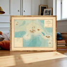 a framed map of the ocean floor, with a wooden frame and a vintage appearance.