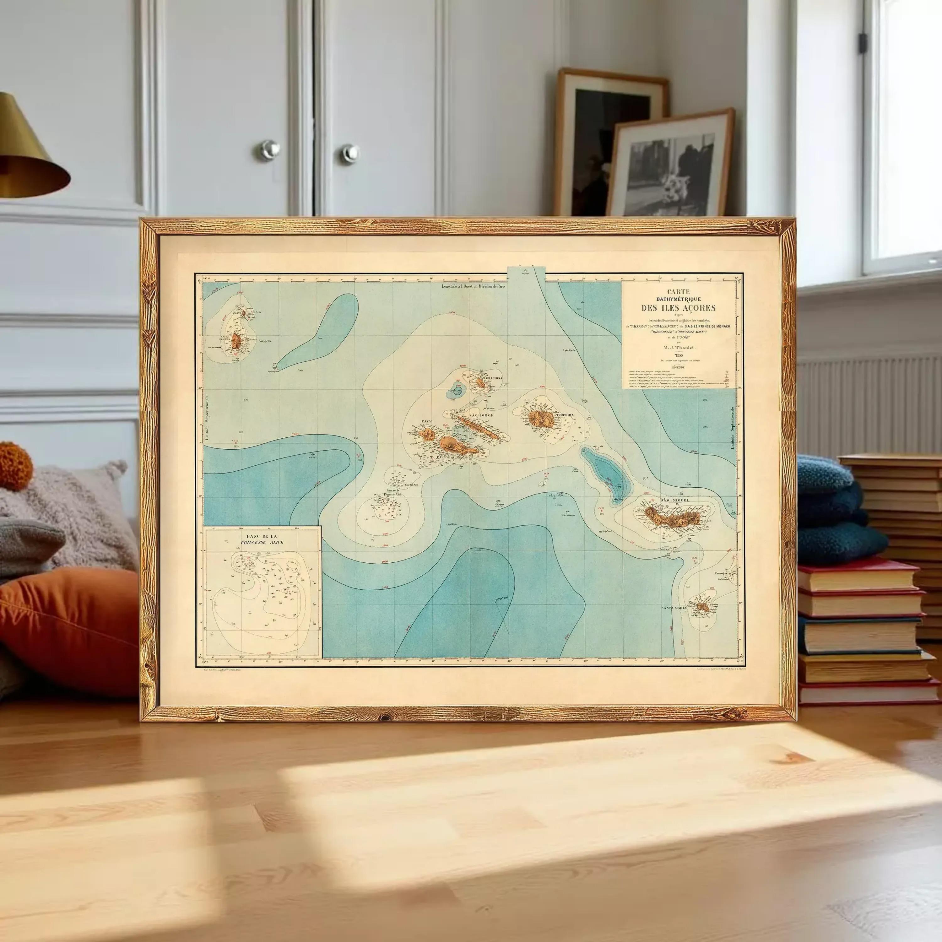 a framed map of the ocean floor, with a wooden frame and a vintage appearance.