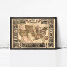 The image is a framed vintage map of the United States, depicting various scenes and landmarks across the country.