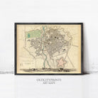 The image is a framed vintage map of a city, likely from the 19th century, with detailed street maps and a central map of the city.