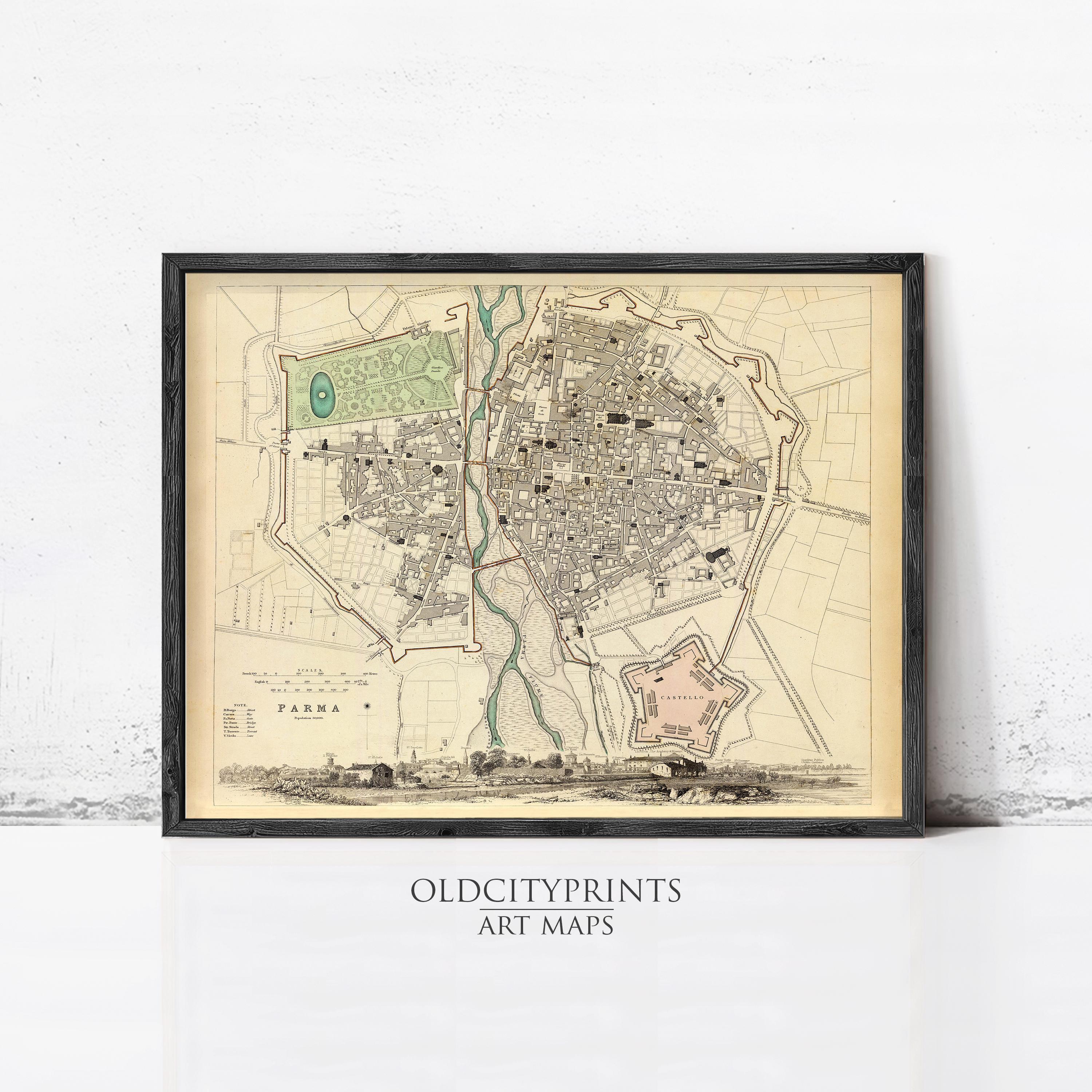 The image is a framed vintage map of a city, likely from the 19th century, with detailed street maps and a central map of the city.