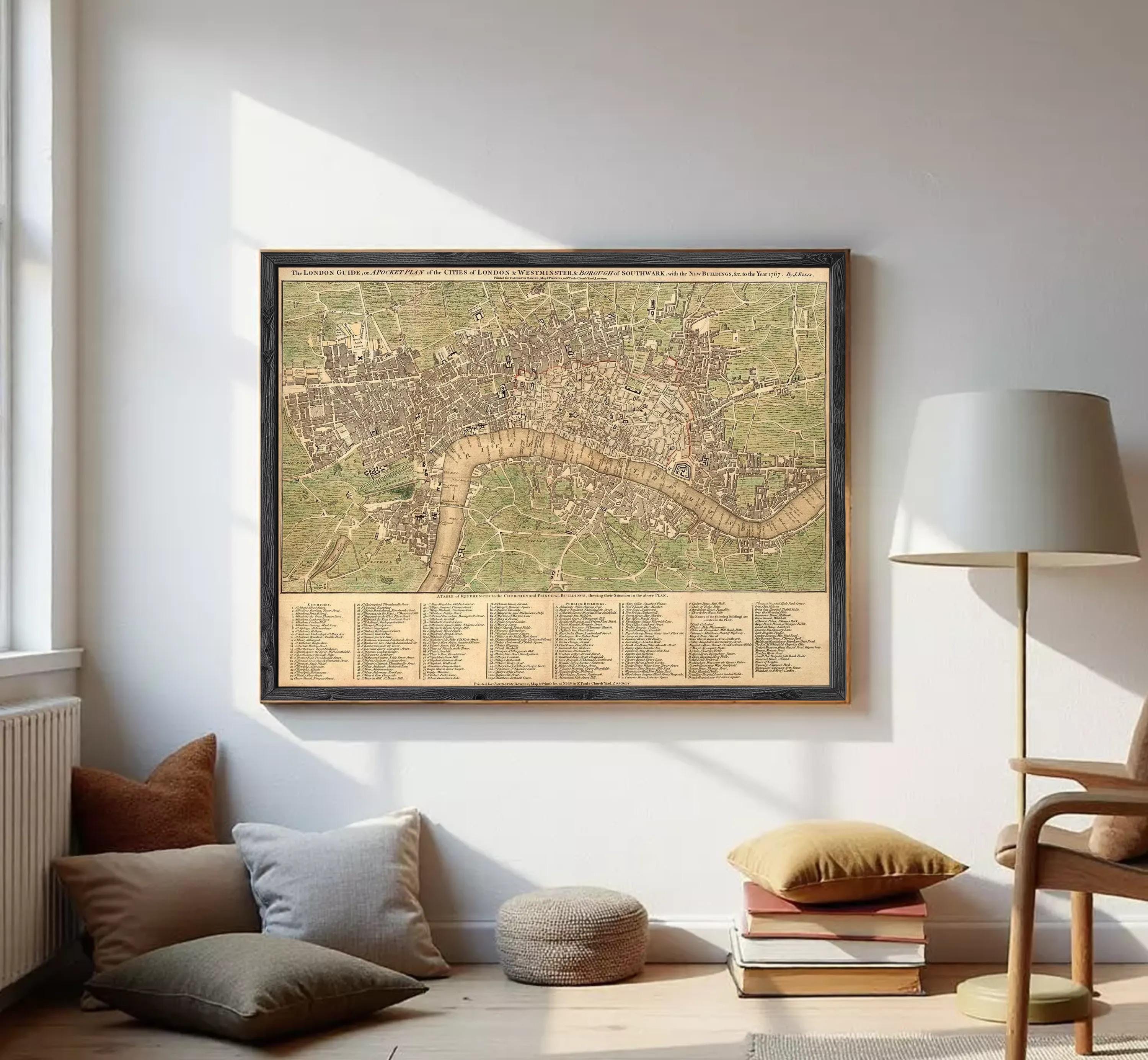 The image is a framed vintage map of London, England, depicting the city's layout and surrounding areas.