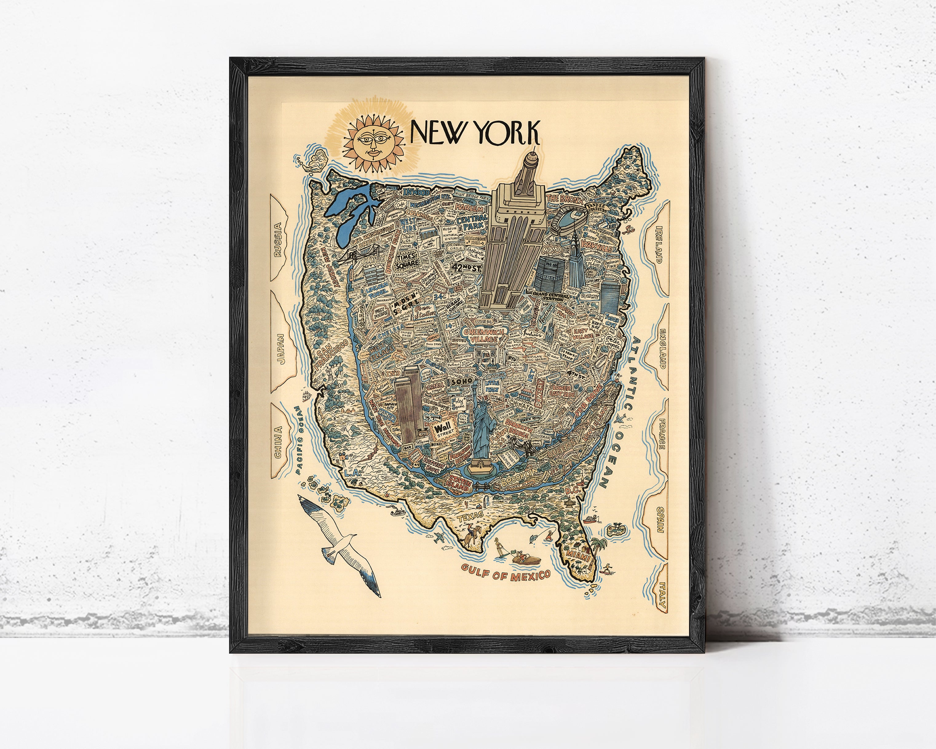 The image is a framed vintage map of New York, depicting various landmarks and locations within the city.
