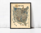The image is a framed vintage map of New York, depicting various landmarks and locations within the city.