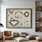 The image is a framed vintage map with various illustrations and text, including a banner at the top.