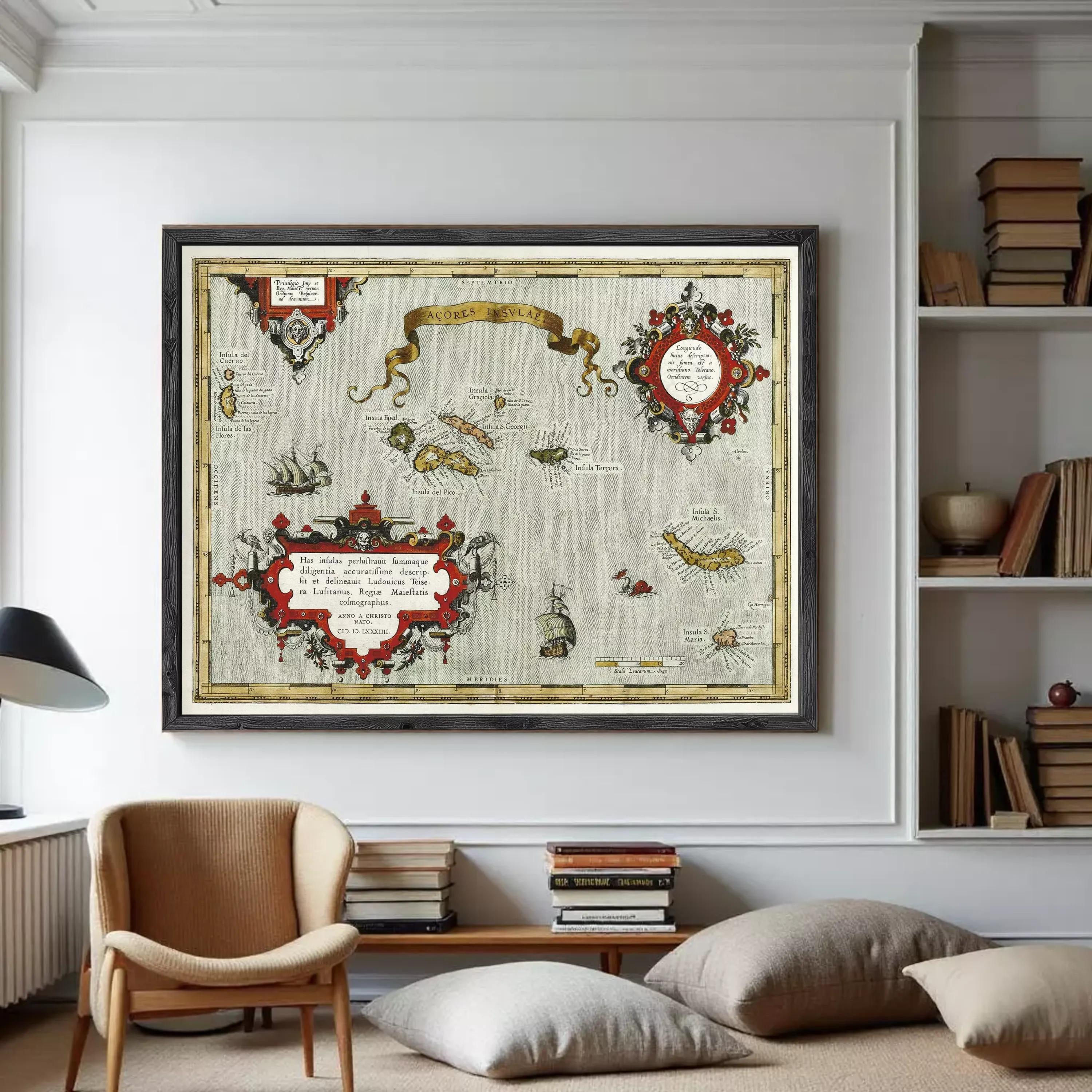 The image is a framed vintage map with various illustrations and text, including a banner at the top.