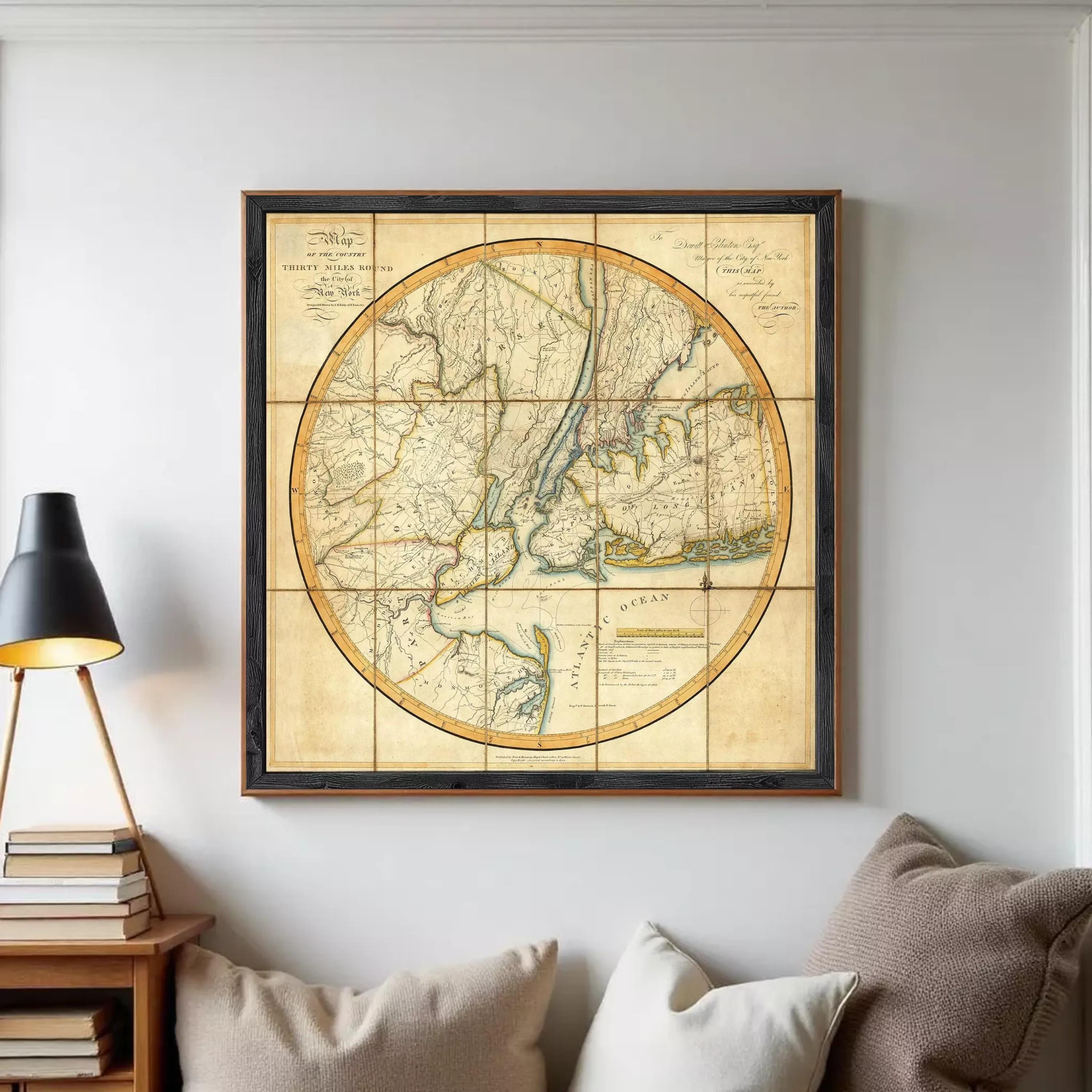 The image is a framed vintage map of the eastern United States and parts of Canada, depicting the region in a detailed and intricate manner.