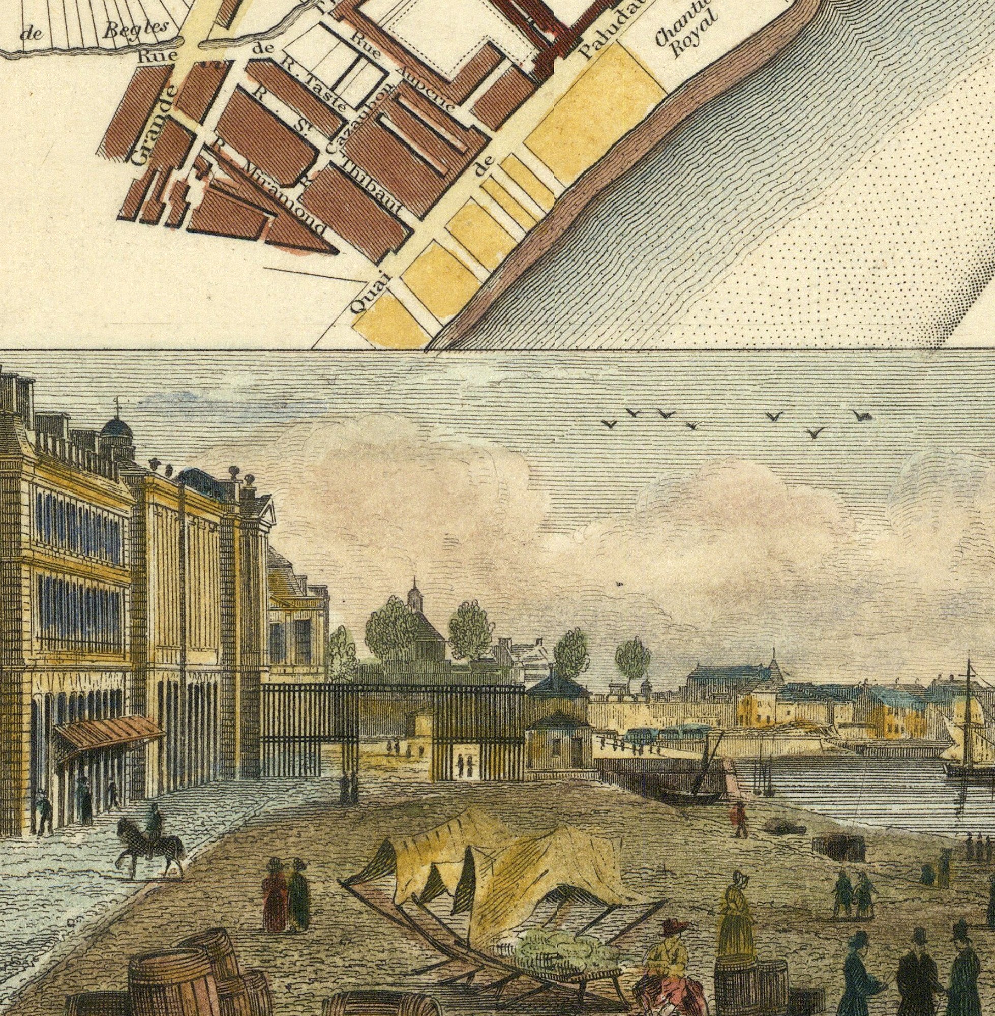The image is a detailed illustration of a cityscape, featuring a river, buildings, boats, and people.
