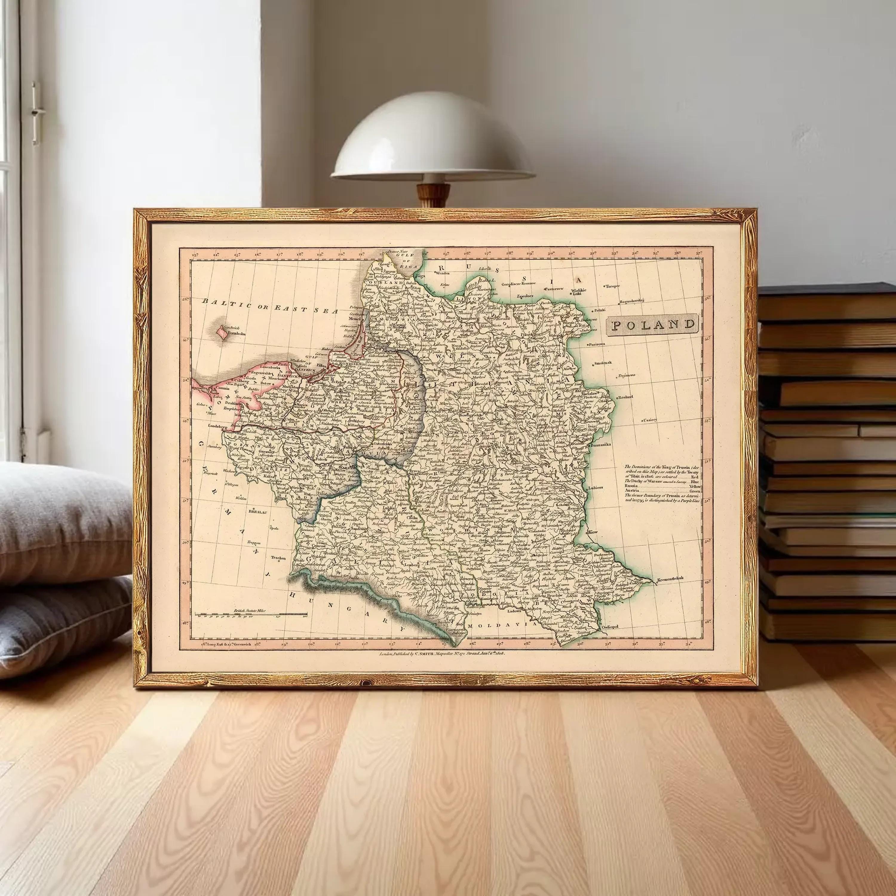 The image is a framed map of Poland, depicting the country's geographical layout and boundaries.