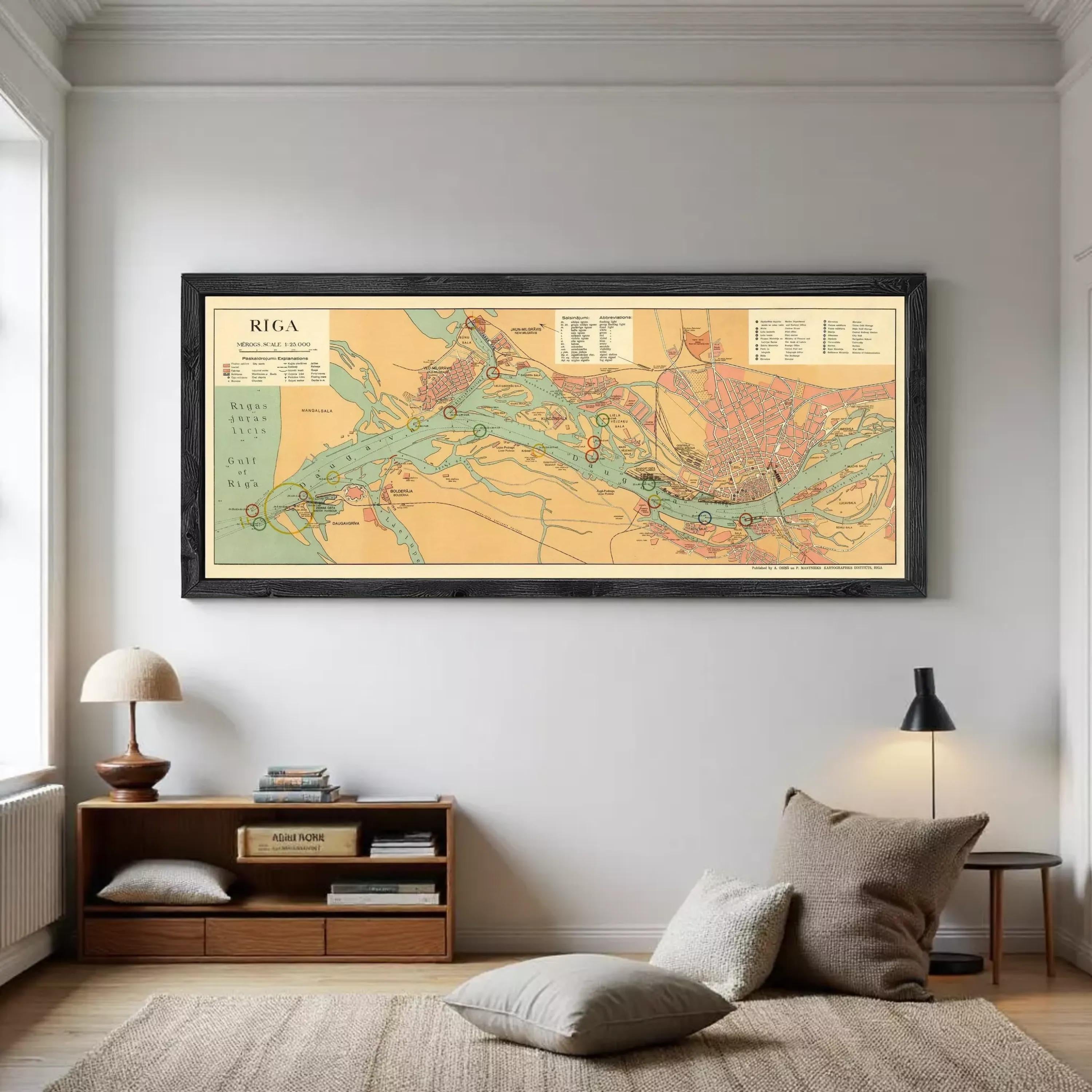 A framed map of the island of Riga, showing the geographical layout and surrounding areas.