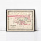 The image is a framed antique map of the Indian Territory, which is a region in the western United States that includes parts of Oklahoma, Texas, and other nearby states.