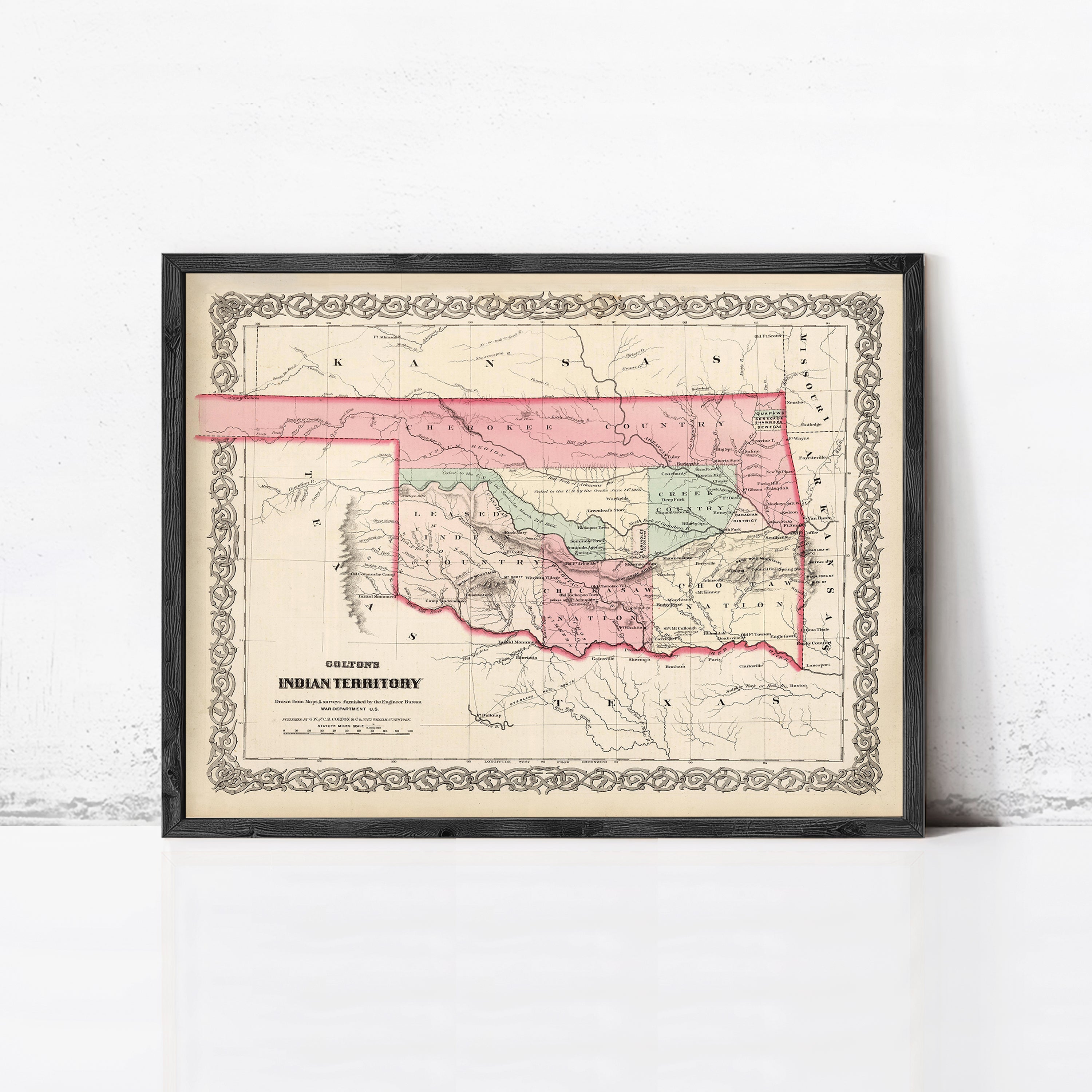 The image is a framed antique map of the Indian Territory, which is a region in the western United States that includes parts of Oklahoma, Texas, and other nearby states.
