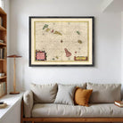 a large framed map hanging on a wall above a couch in a living room.
