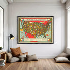 A framed illustration of a colorful map of the United States, depicting various food-related icons and labels.