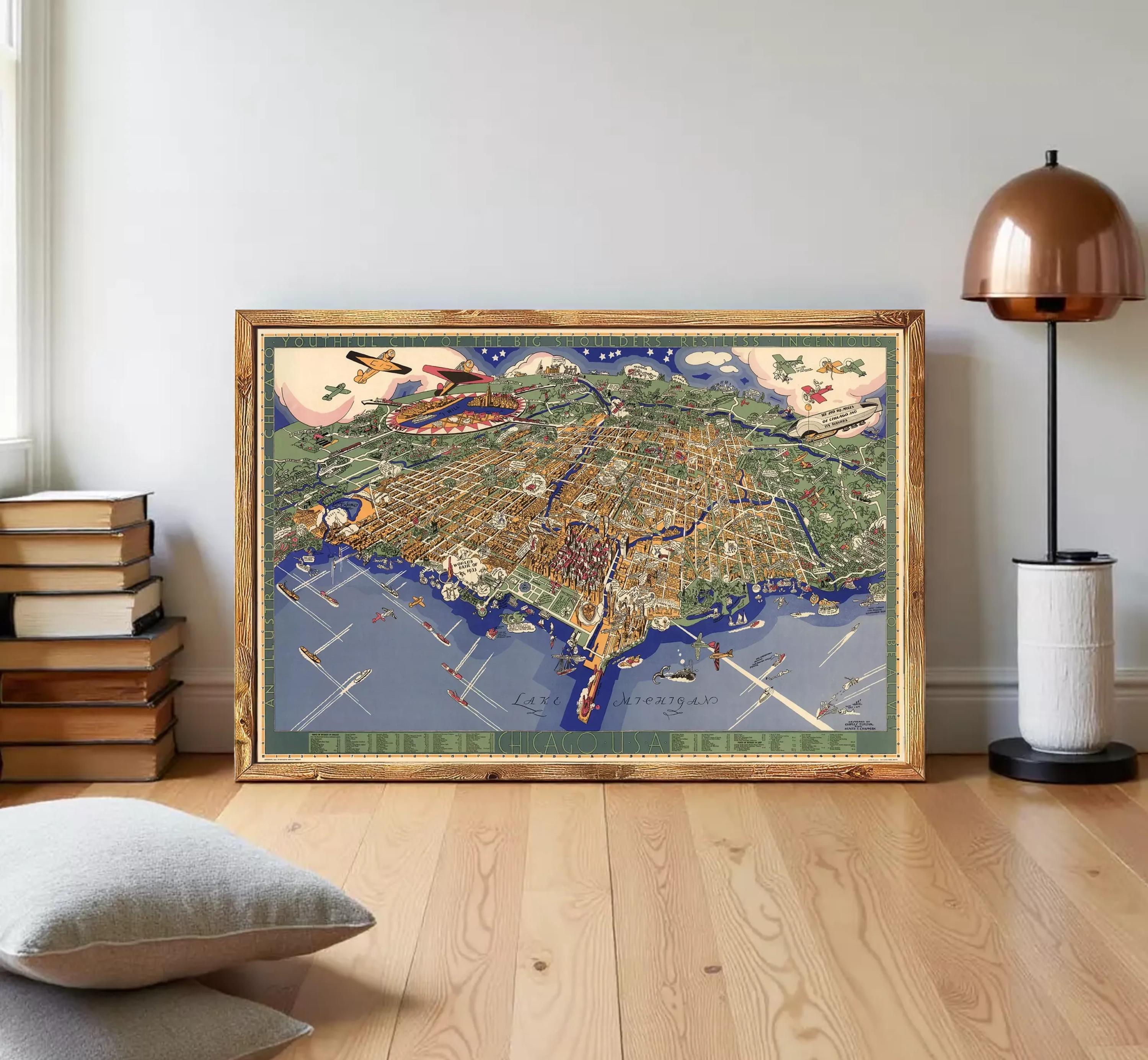 The image is a framed map of a city, depicting various landmarks and streets.
