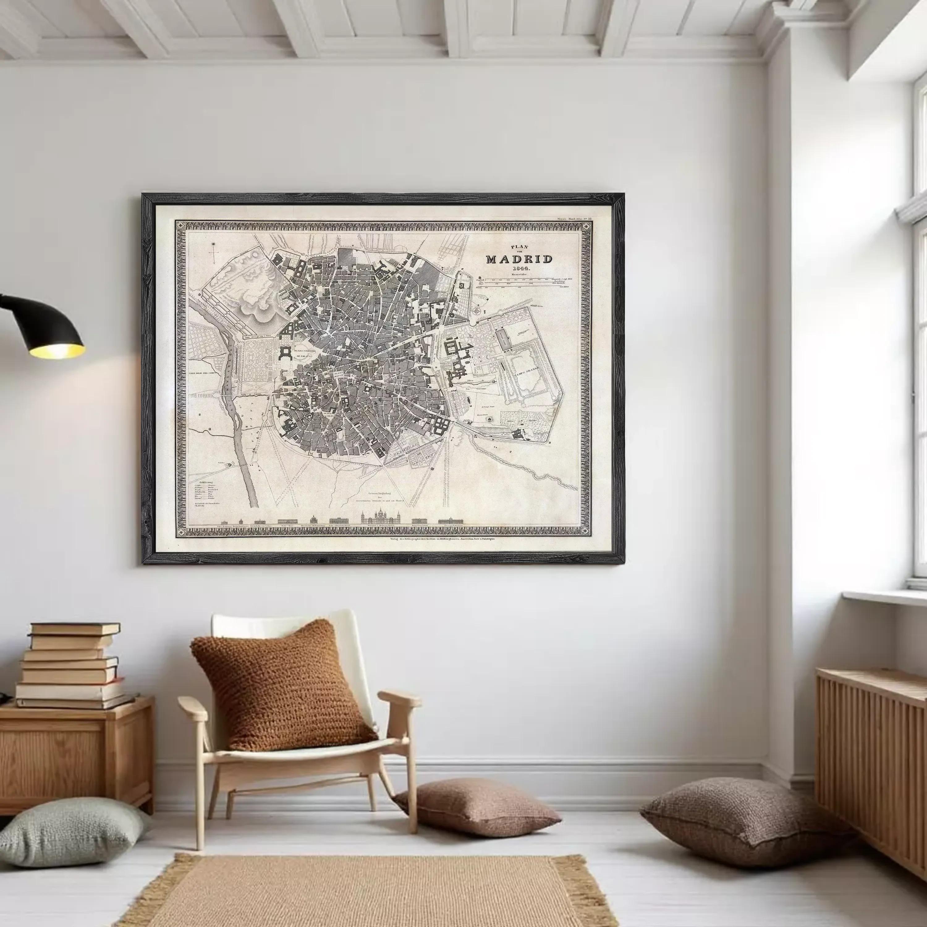 The image is a framed vintage map of Madrid, Spain, depicting the city's layout and surrounding areas.