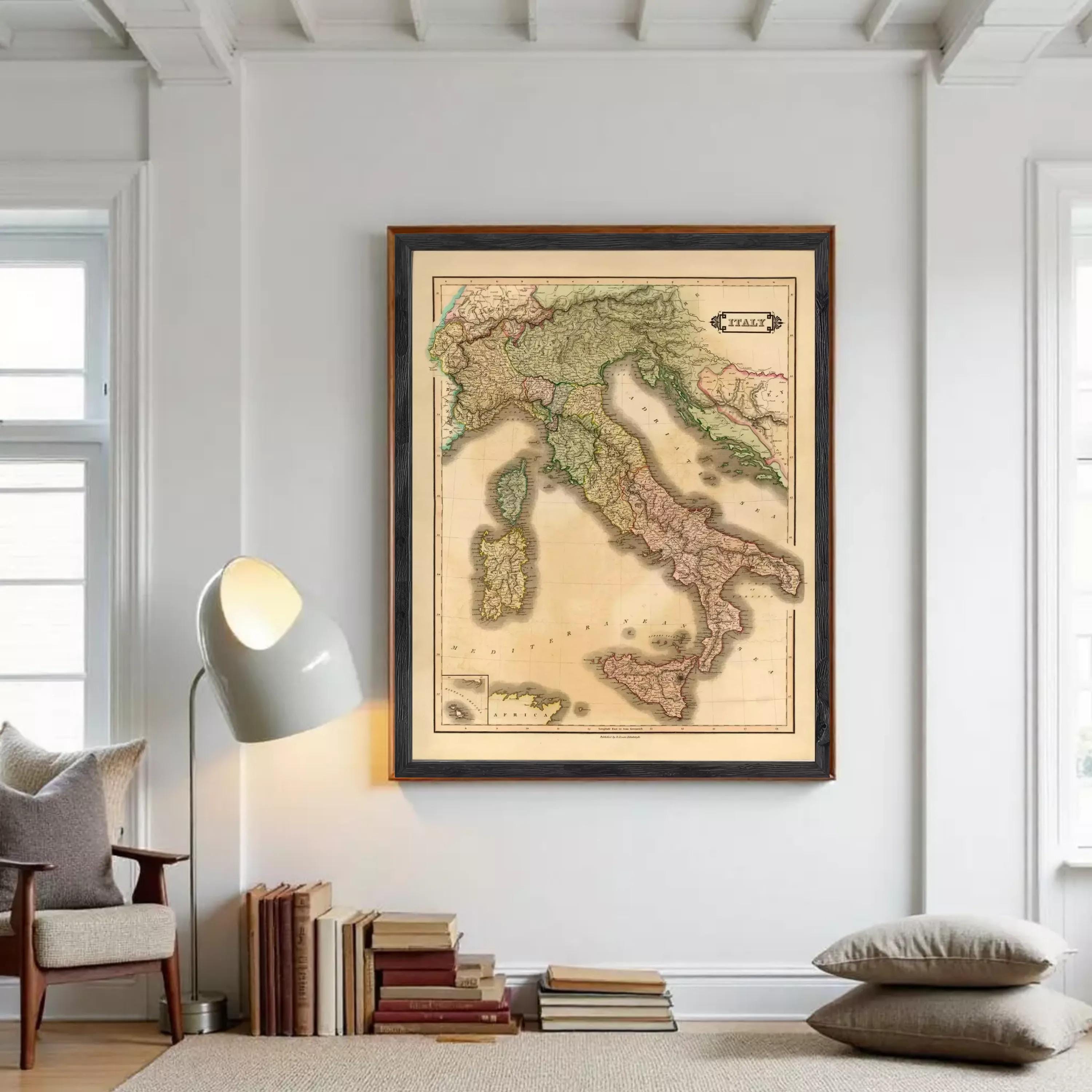The image is a framed vintage map of Italy, depicting the country's geographical layout and surrounding areas.