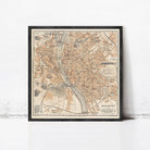 The image is a framed vintage map of Budapest, Hungary, depicting the city's streets and landmarks.