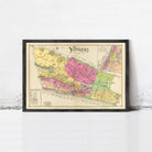 The image is a framed vintage map of New York, depicting the city in a colorful and detailed manner.