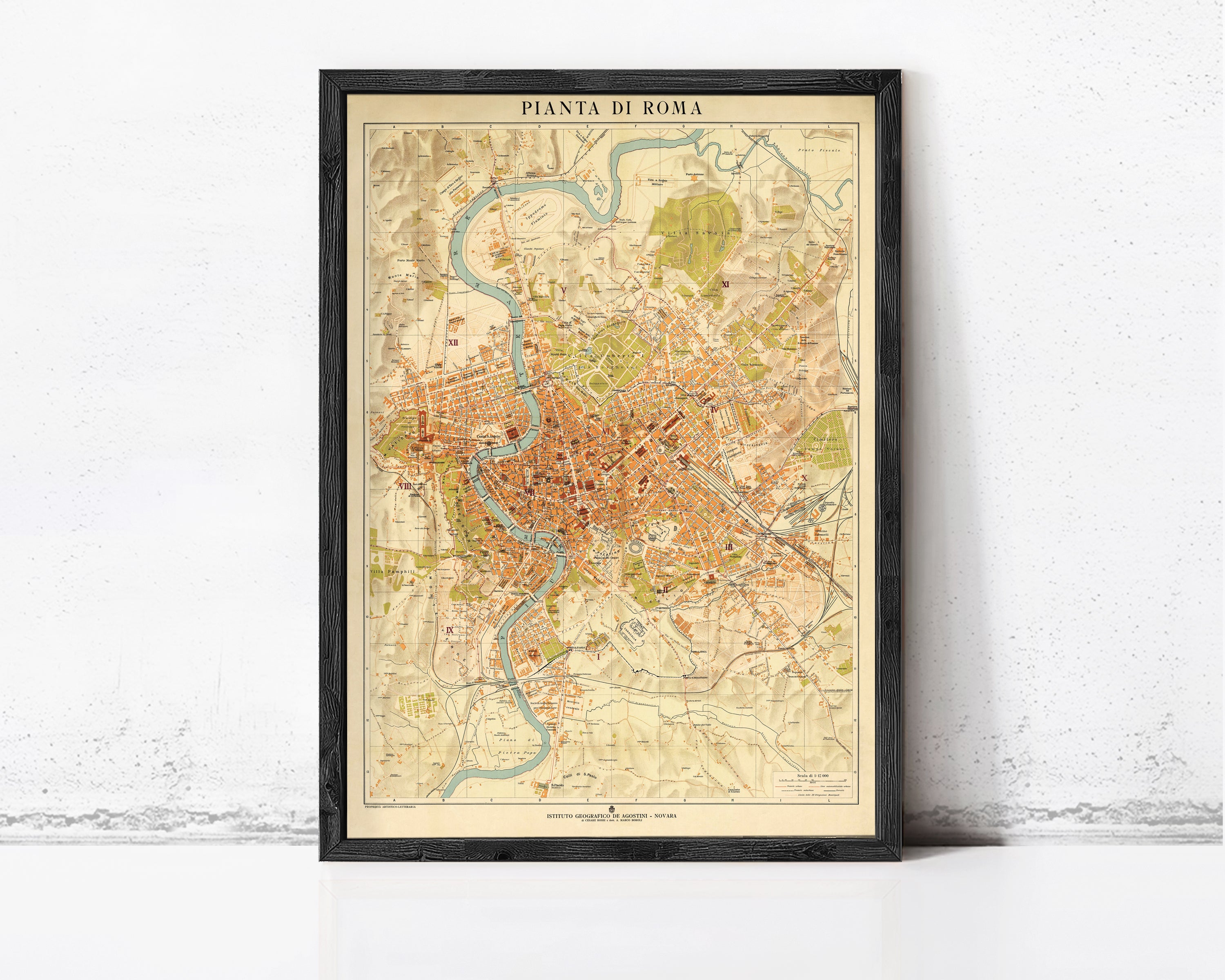 The image is a framed map of Rome, Italy, depicting the city's streets, landmarks, and surrounding areas.