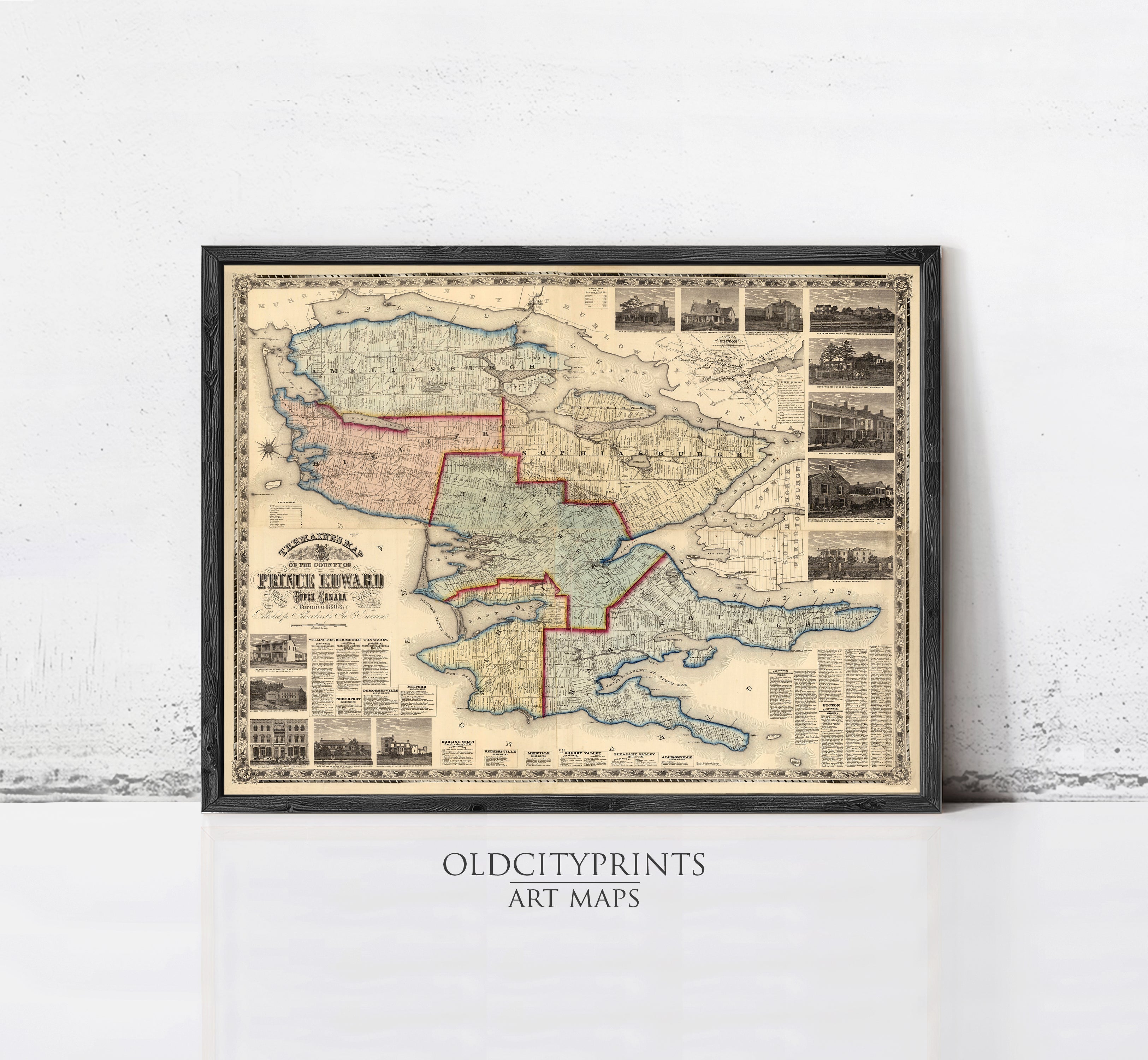 The image is a framed antique map of Prince Edward Island, Canada, depicting the region in a vintage style.
