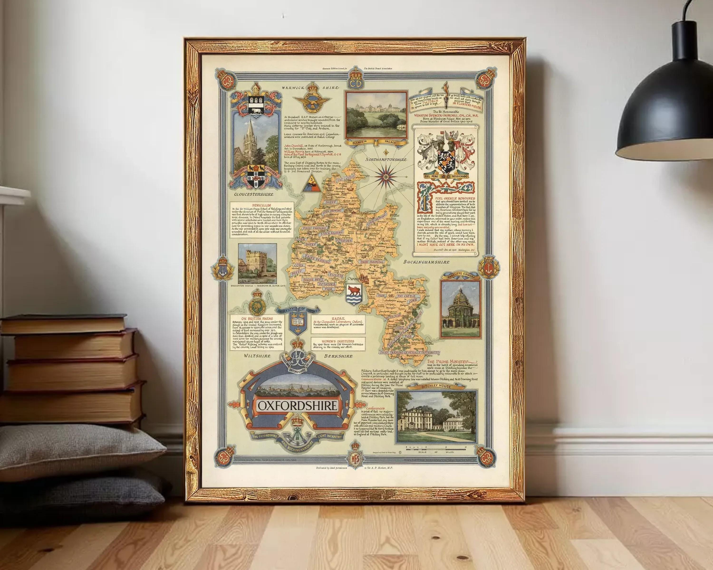 The image is a framed map of Oxfordshire, England, with various landmarks and locations marked on it.
