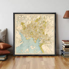 A framed map of the city of Oslo, Norway, displayed on a wall.