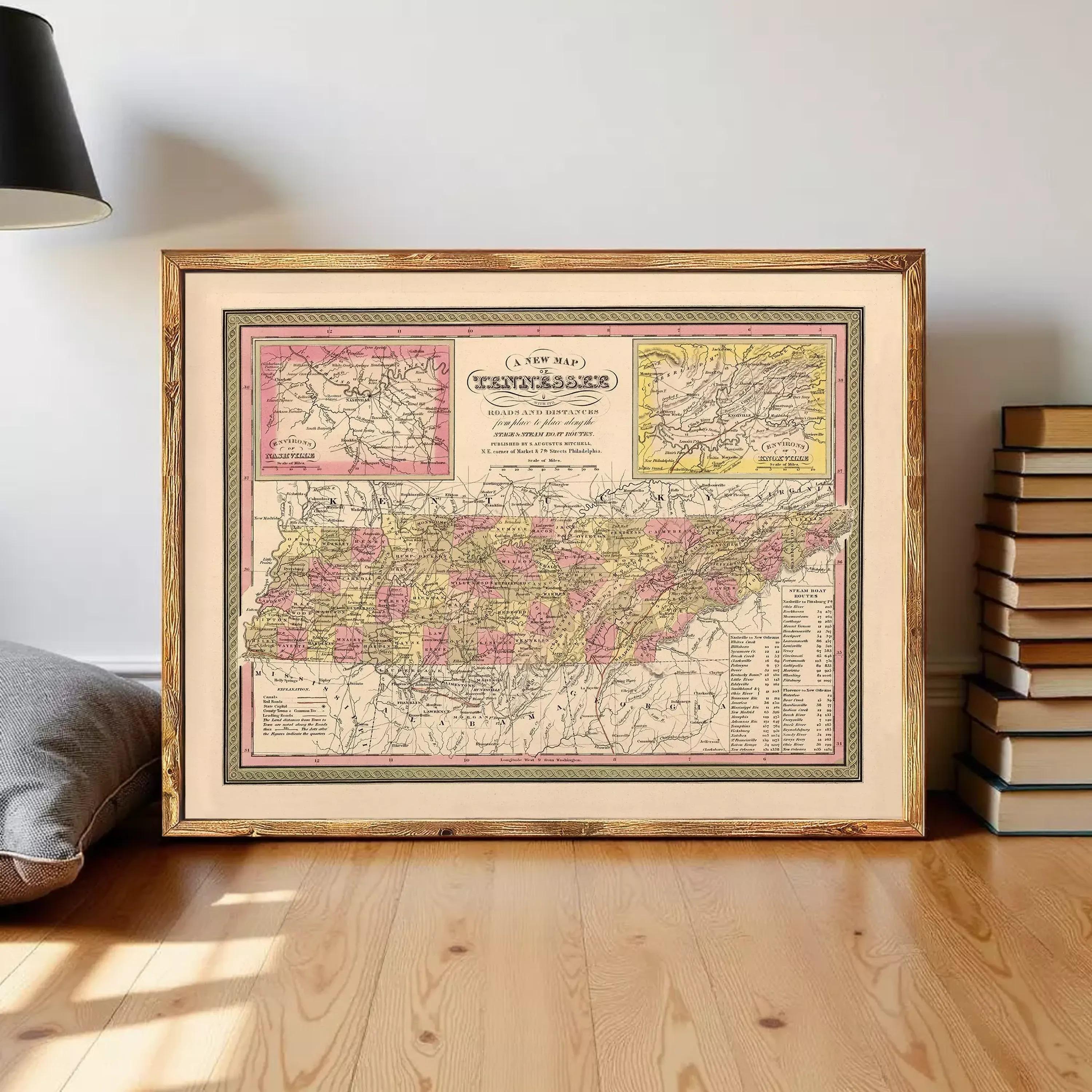 A framed vintage map of Tennessee, showing the state's geographical layout and boundaries.