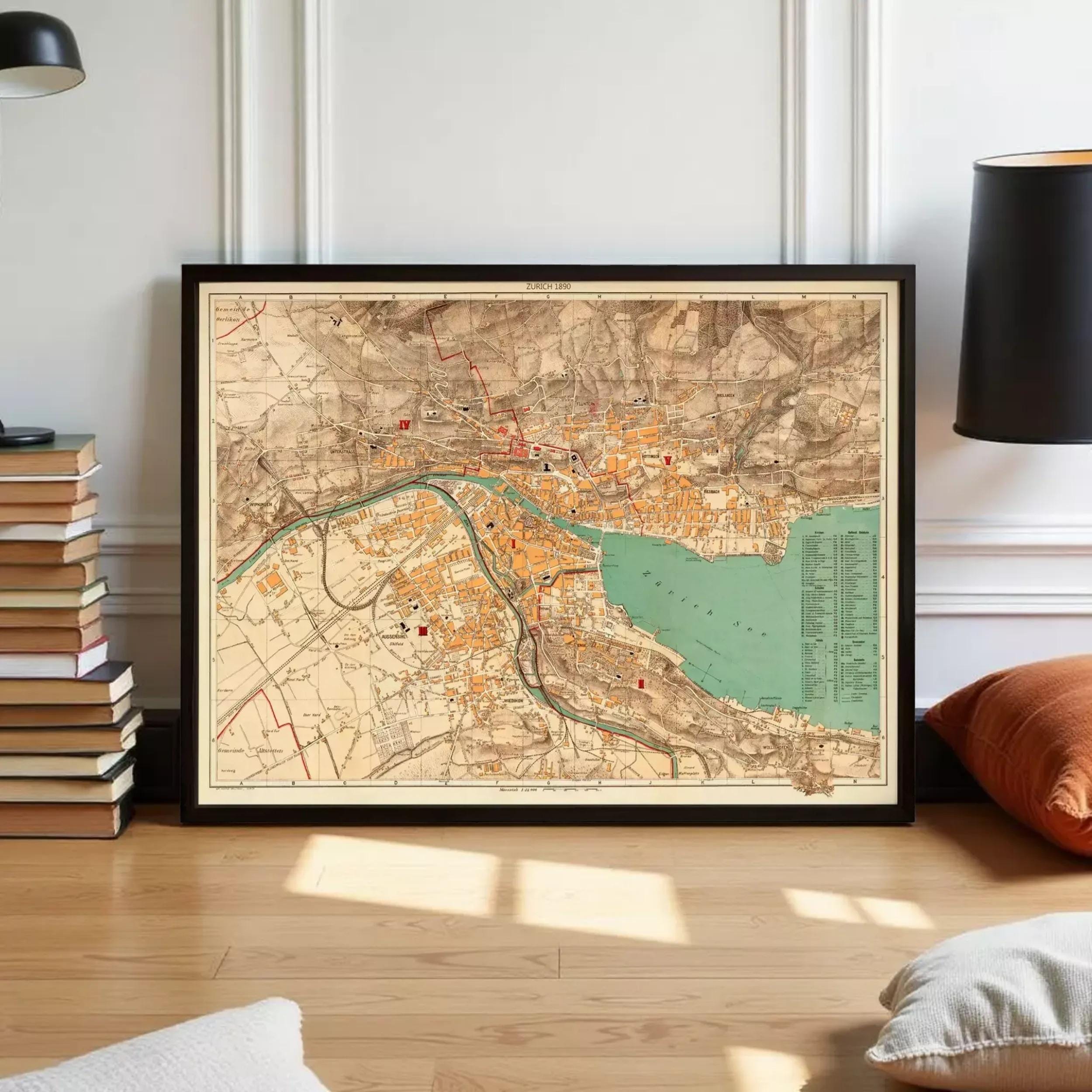 The image is a framed vintage map of a city, depicting various streets, landmarks, and geographical features.