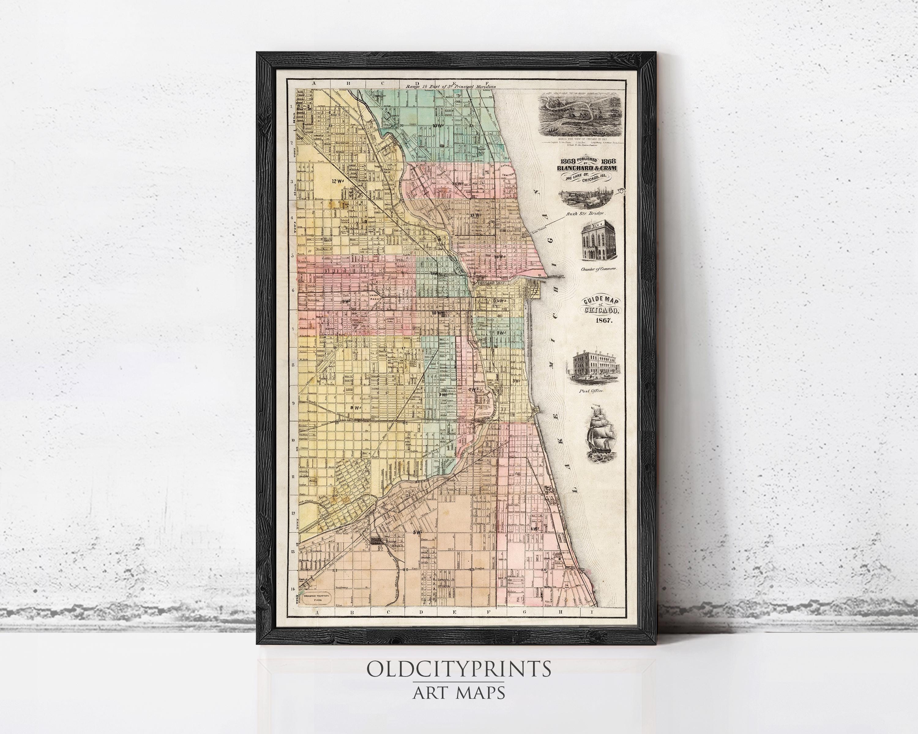 The image is a framed vintage map of Chicago, Illinois, with various landmarks and streets labeled.