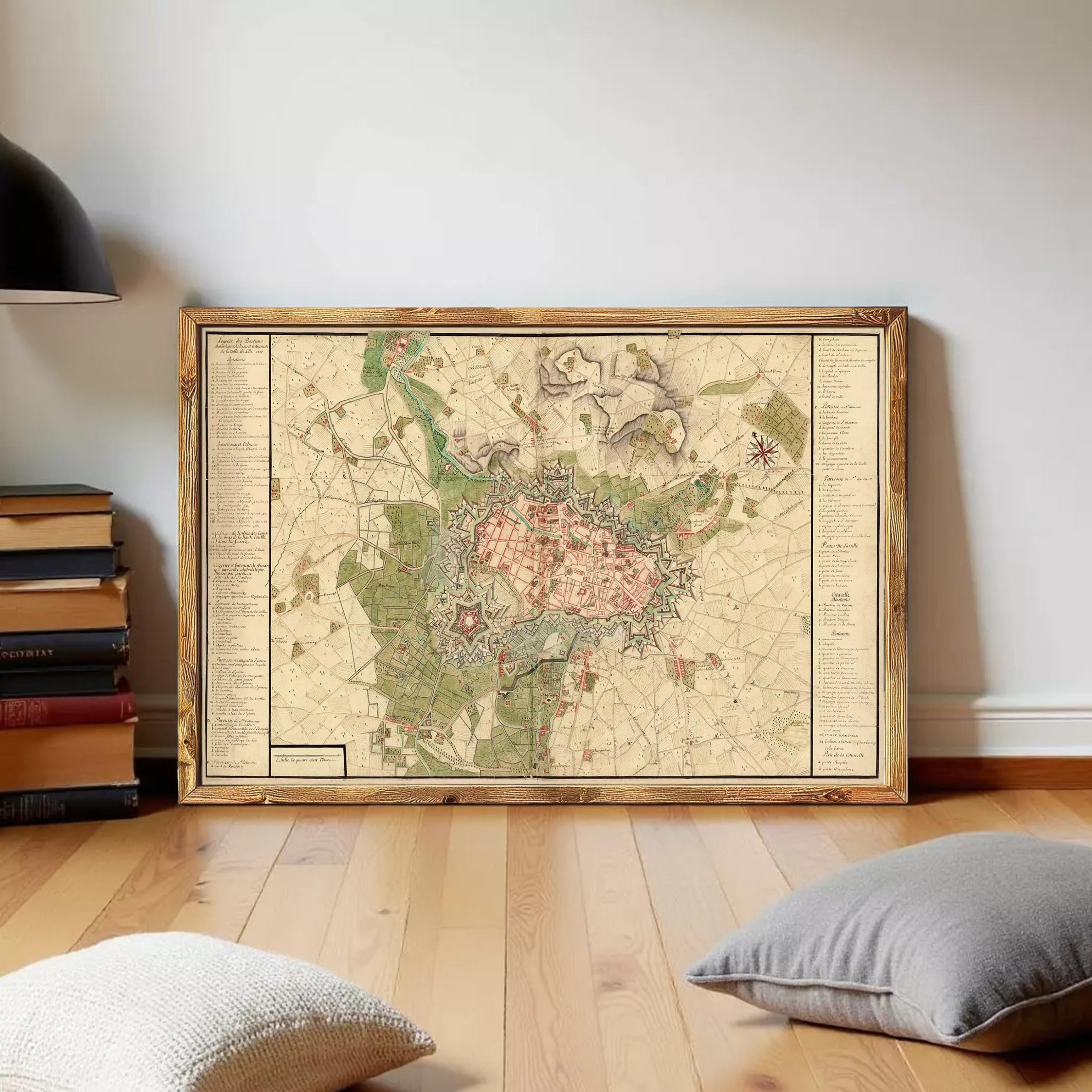 The image is a framed historical map of a city, likely Paris, with detailed geographical information and labels.