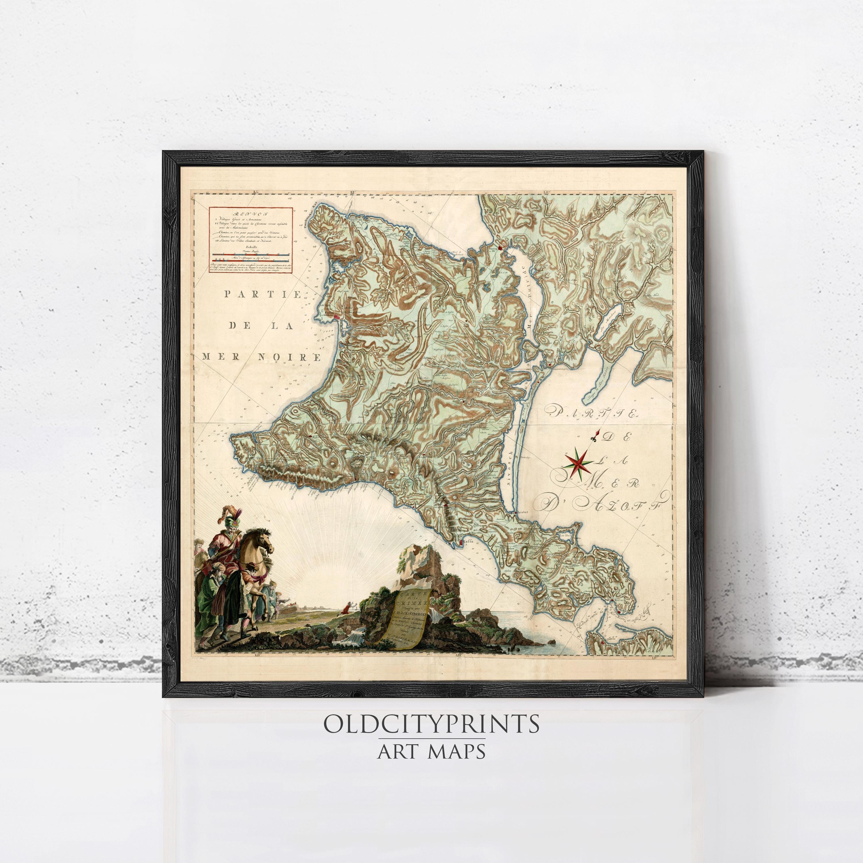 The image is a framed antique map of a mountainous region, featuring a detailed illustration of the landscape and a small illustration of people in the foreground.