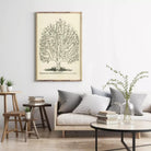 a cozy living room with a large tree-themed poster on the wall, a comfortable couch with pillows, a coffee table with books and a vase of greenery, and a wooden side table with a plant.