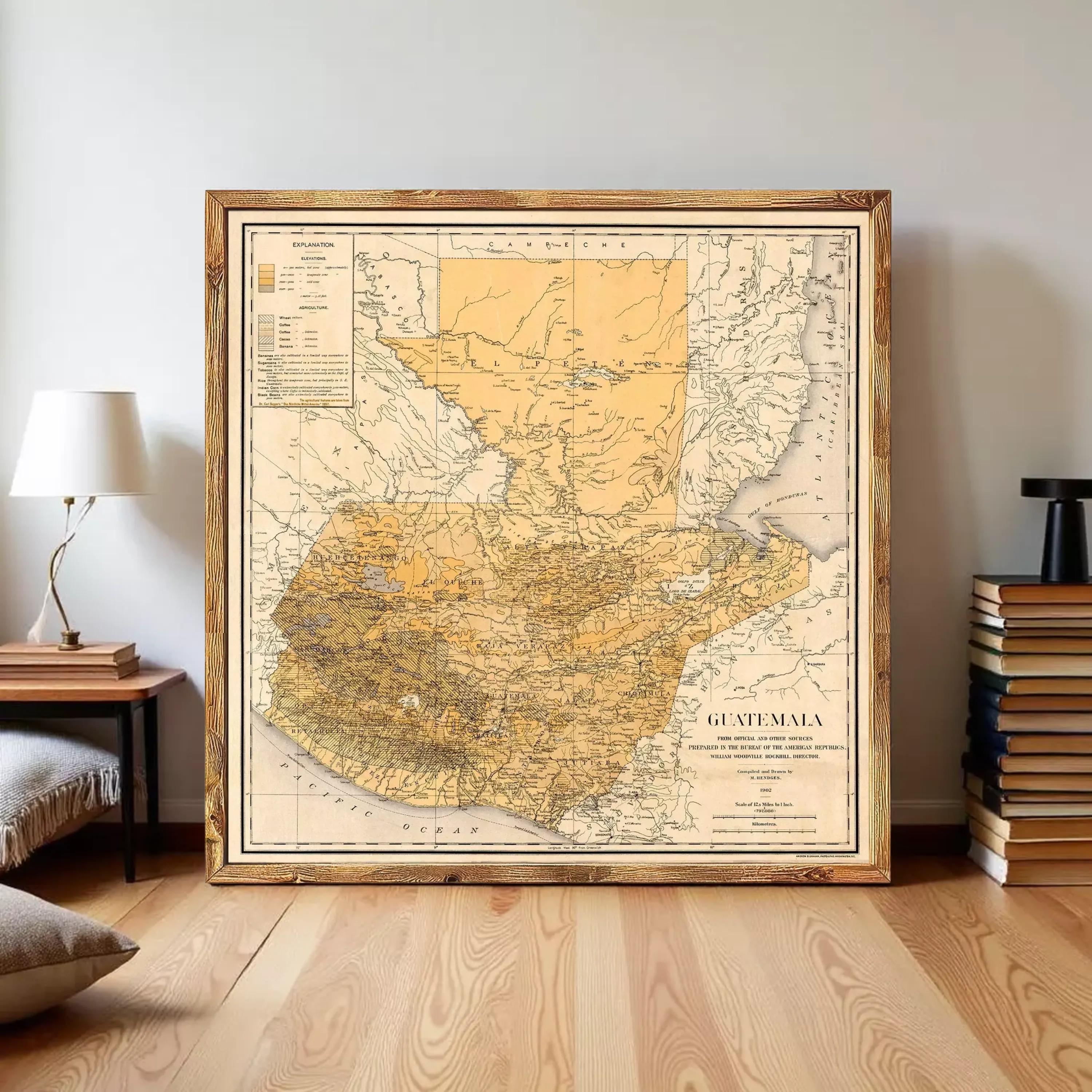 The image is a framed vintage map of Guatemala, depicting the country's geographical layout and boundaries.