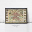 The image is a framed art print depicting a detailed map of Paris, France.