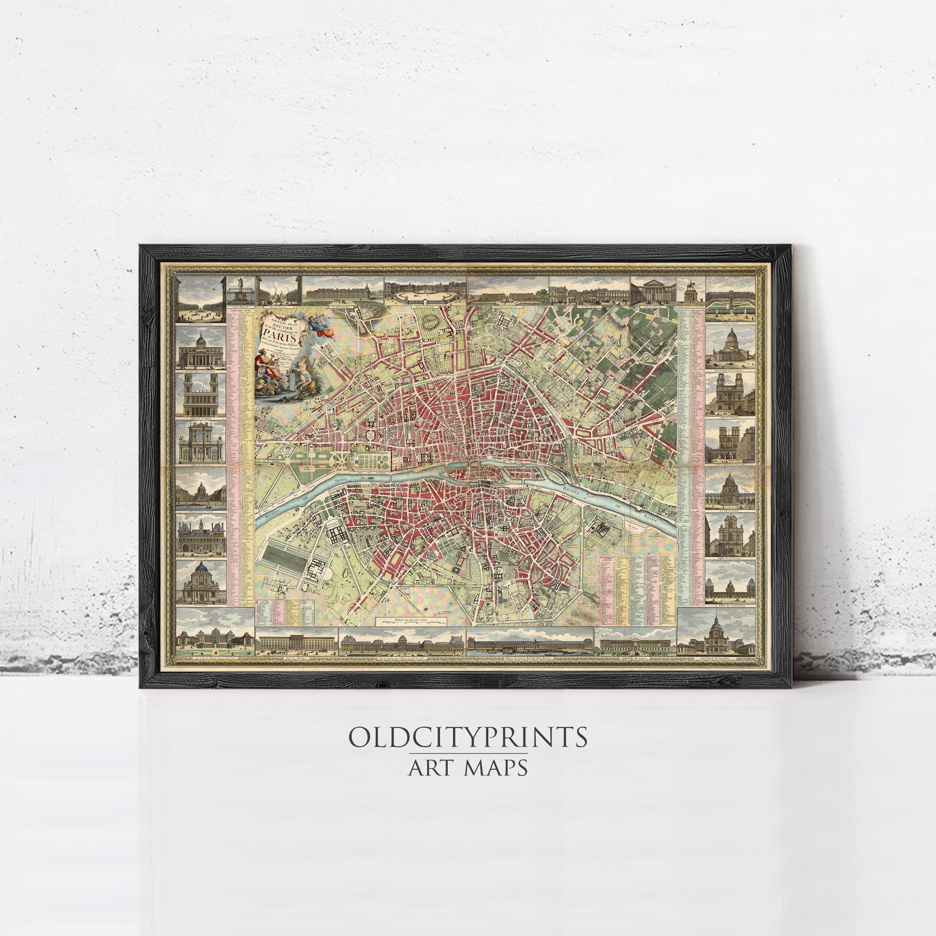 The image is a framed art print depicting a detailed map of Paris, France.
