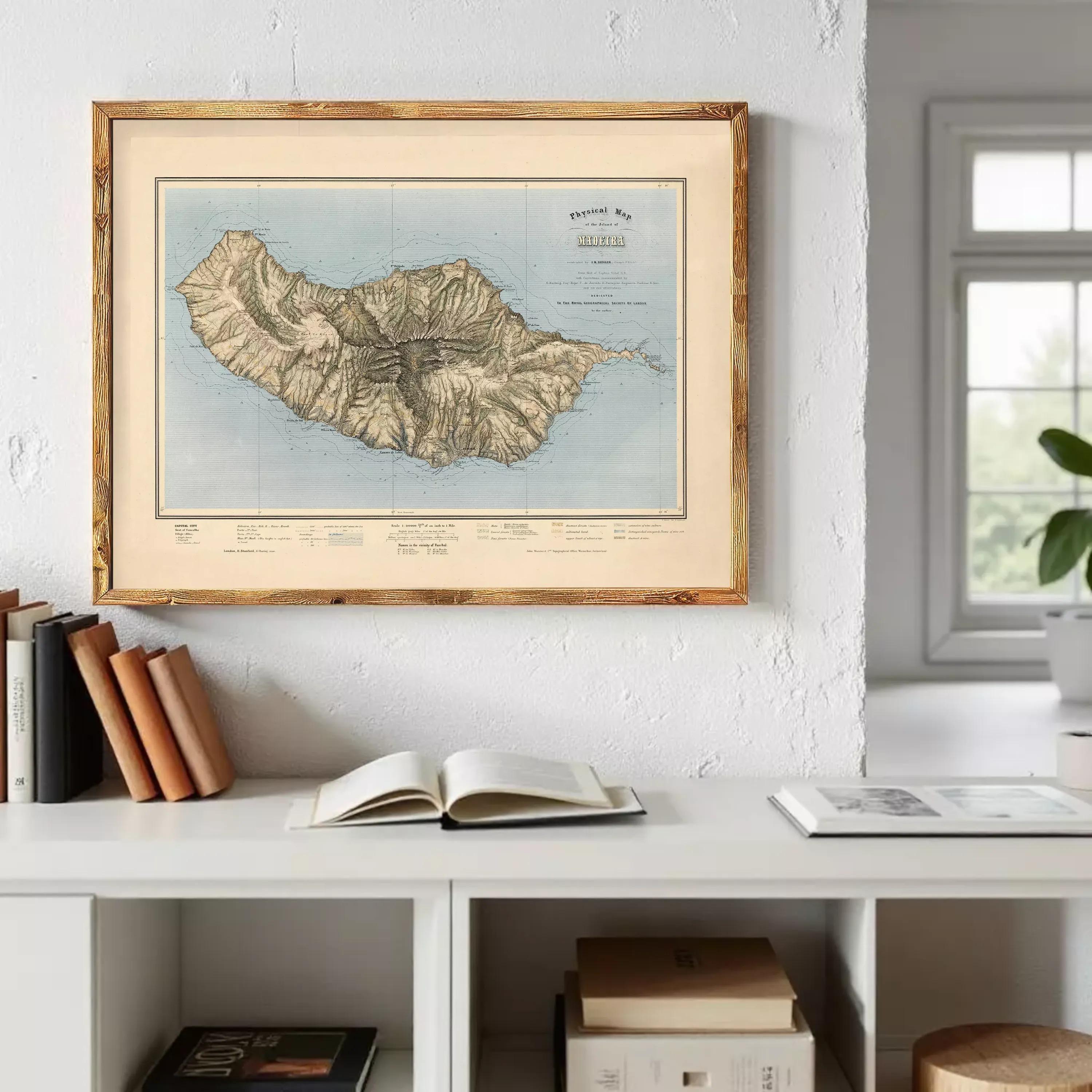 a framed map of a mountainous region hanging on a wall above a bookshelf filled with books and other items.