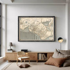 The image is a framed vintage map of a city, depicting various streets, landmarks, and bodies of water.