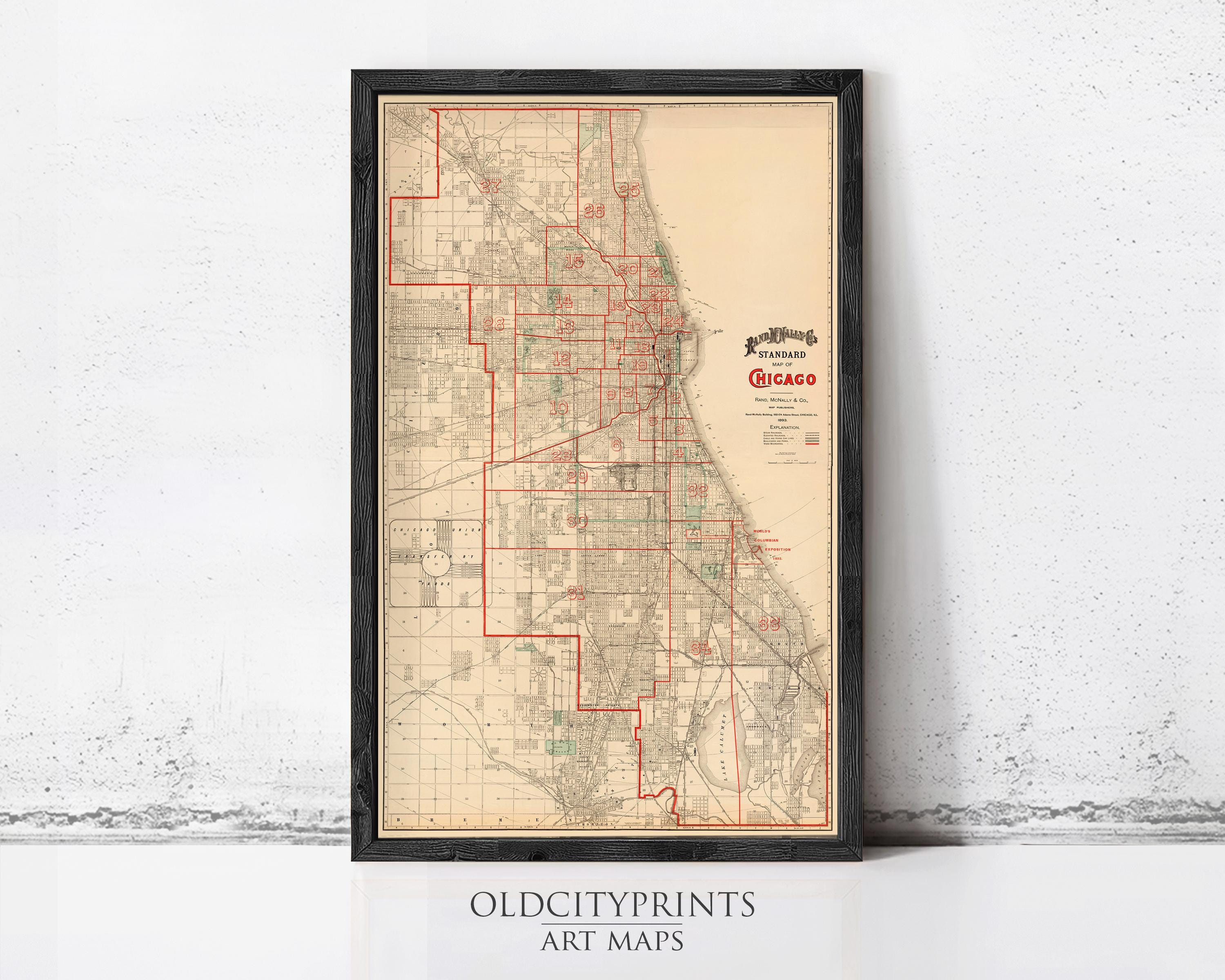 The image is a framed vintage map of Chicago, Illinois, United States.