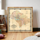 a large framed map of the Washington, D.C. area, with a wooden frame and decorative border.