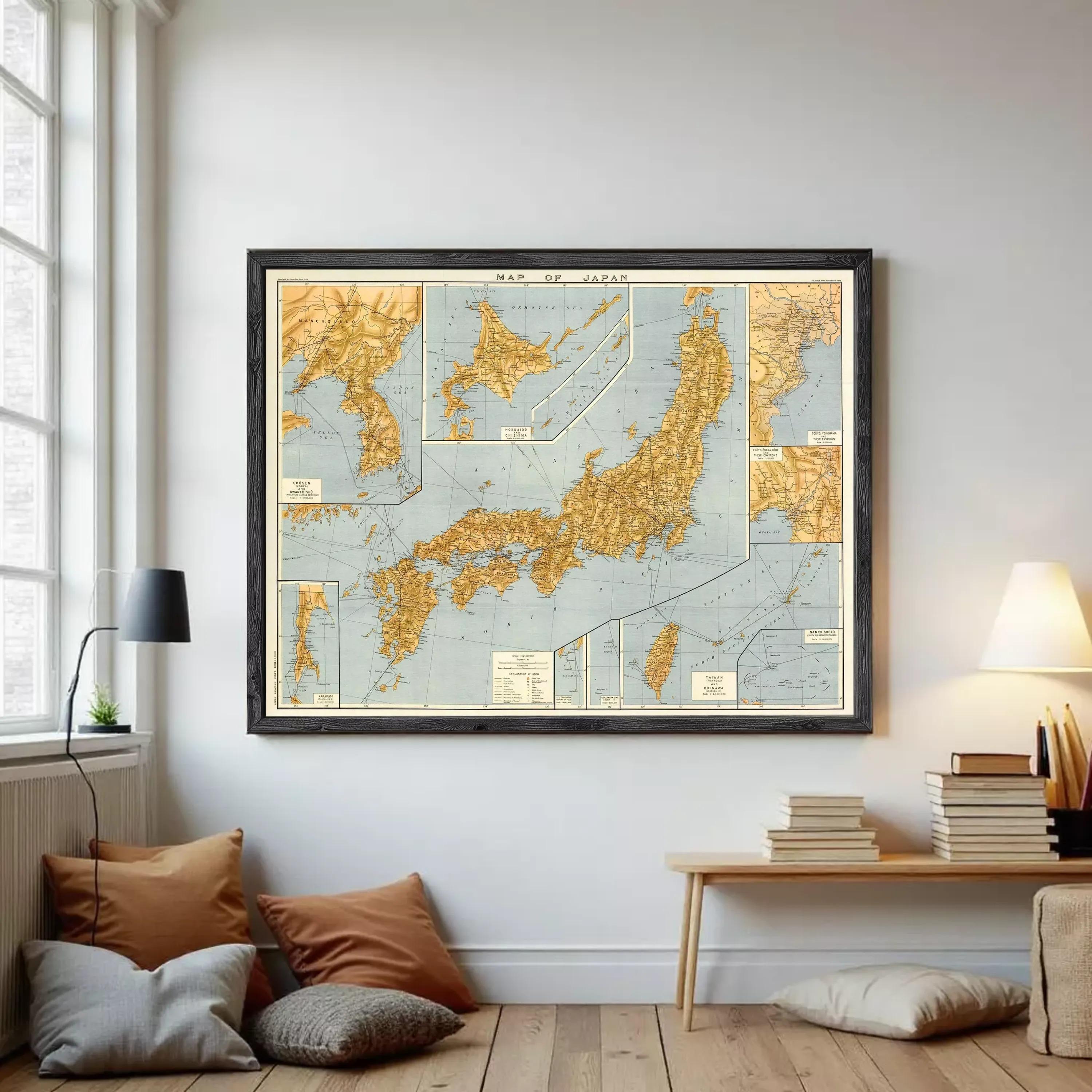 The image is a framed vintage map of Japan, depicting the country's geographical layout and surrounding areas.