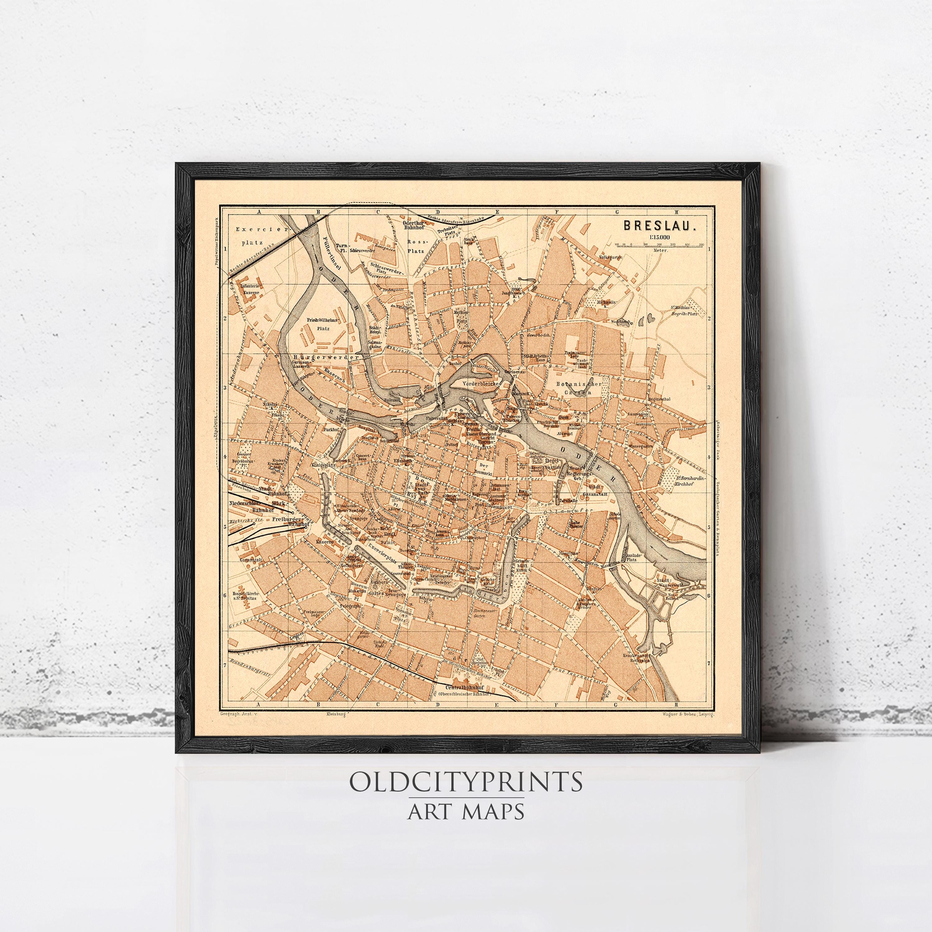 The image is a framed vintage map of Breslau, Germany, depicting the city's layout and surrounding areas.