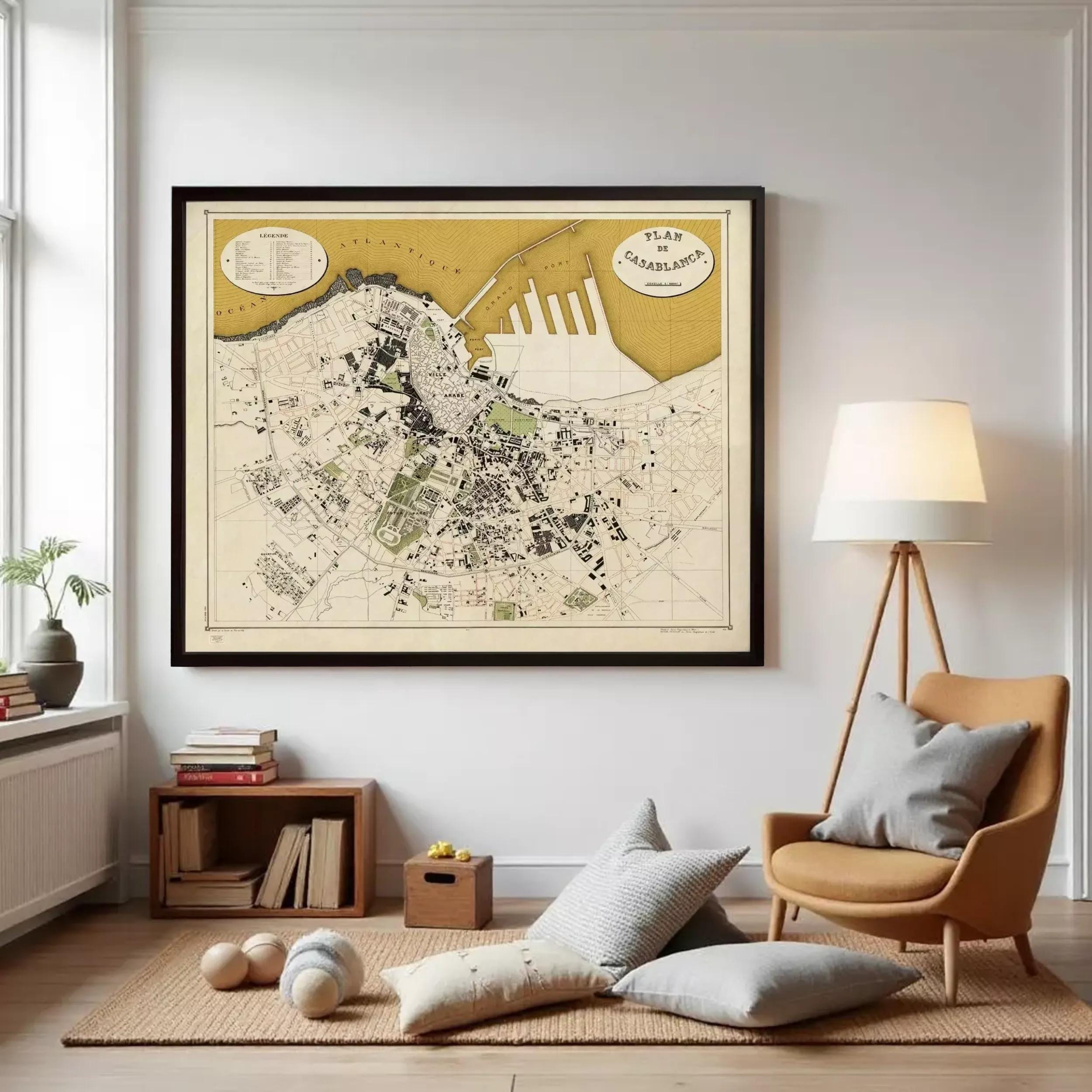 a large framed map of Casablanca, Morocco, hanging on a wall in a living room setting.