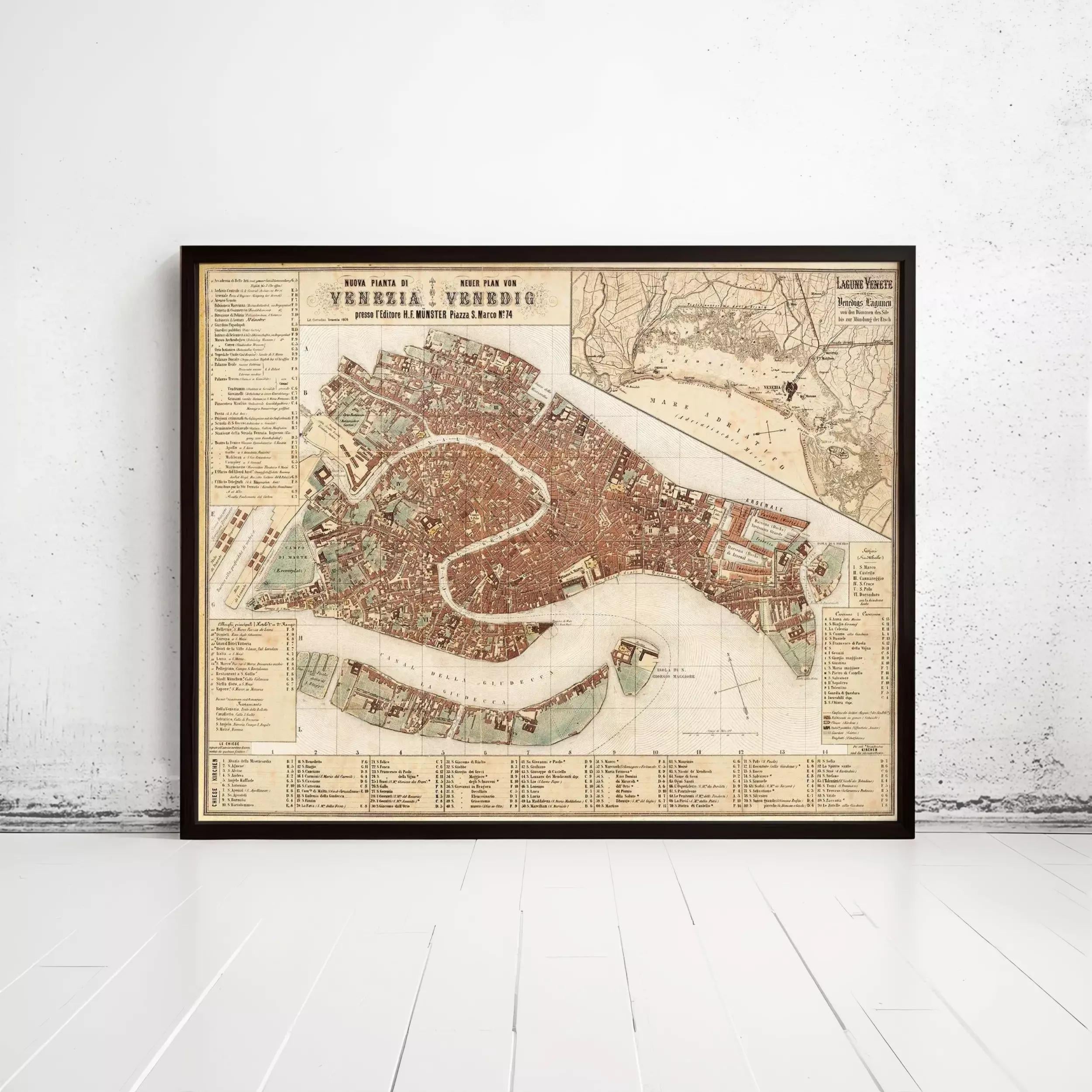 The image is a framed vintage map of Venice, Italy, depicting the city's layout and surrounding areas.