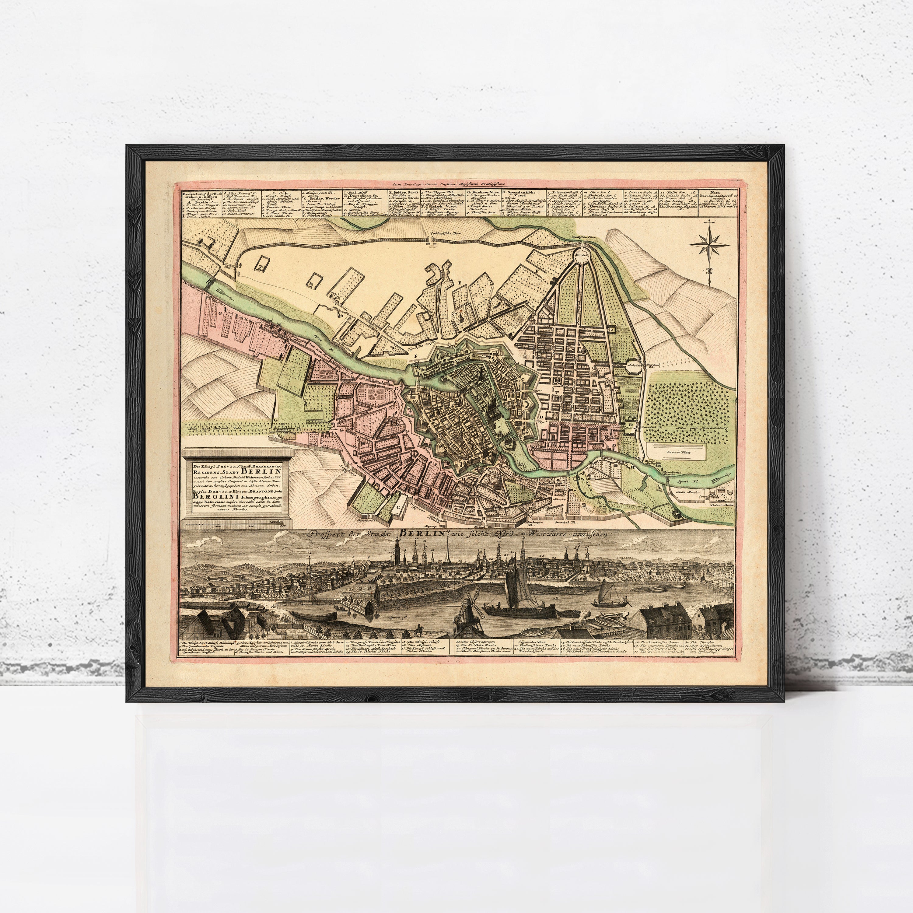 The image is a framed vintage map of Berlin, Germany, depicting the city's layout and surrounding areas.