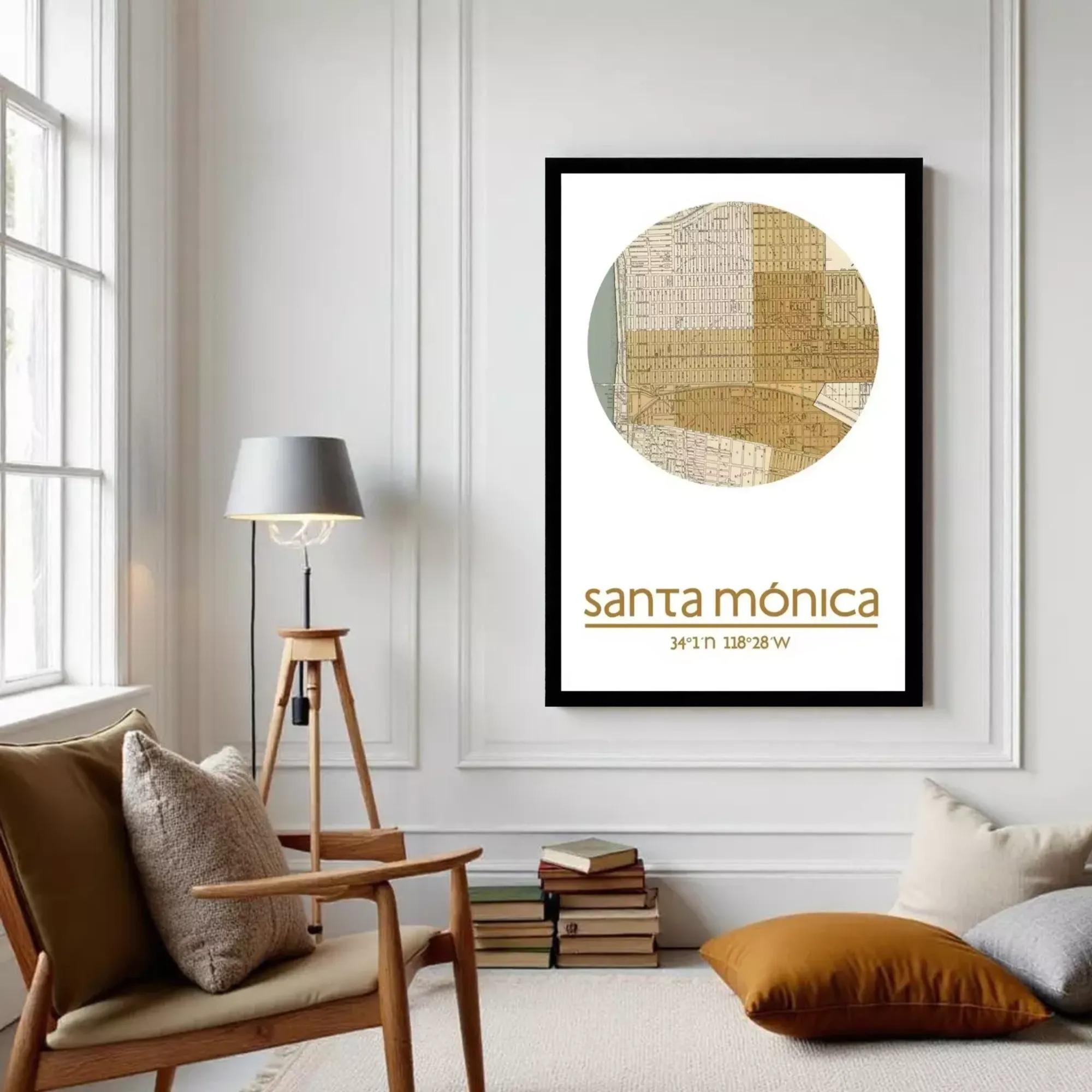 A framed poster with a map of Santa Monica, California, featuring a circular design with a map of the city.