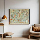 The image is a framed vintage map of Europe, featuring intricate illustrations and detailed geographical information.