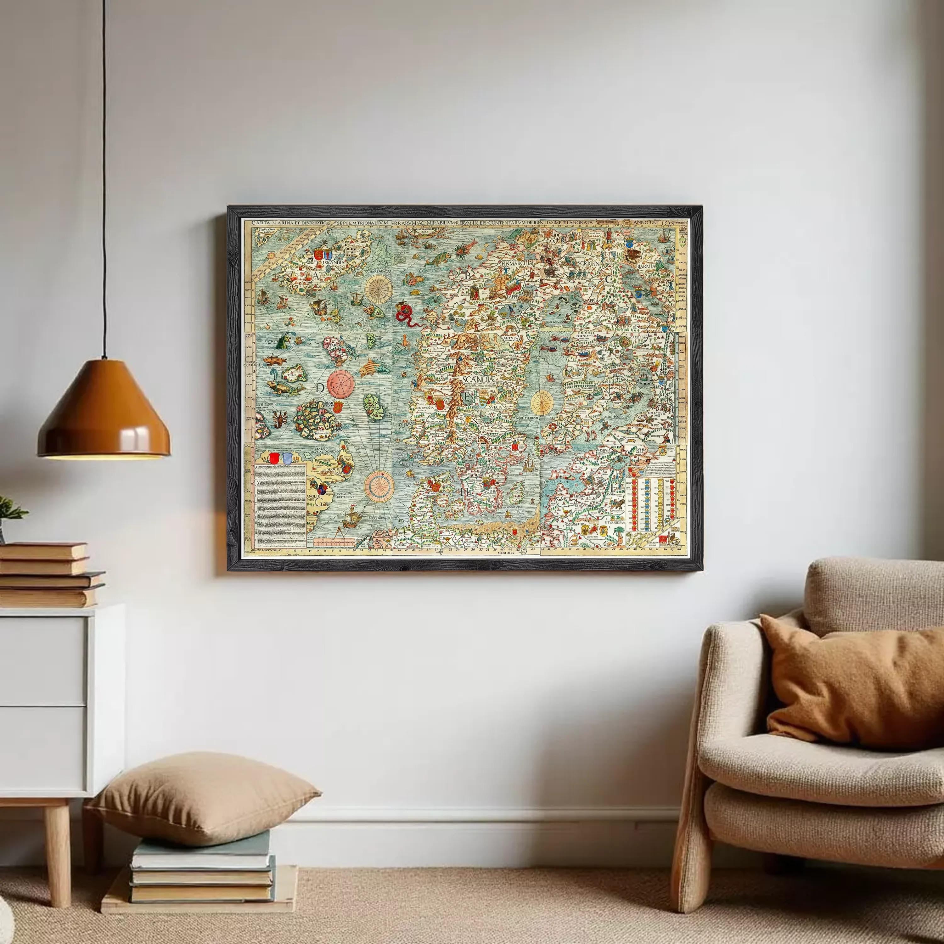 The image is a framed vintage map of Europe, featuring intricate illustrations and detailed geographical information.