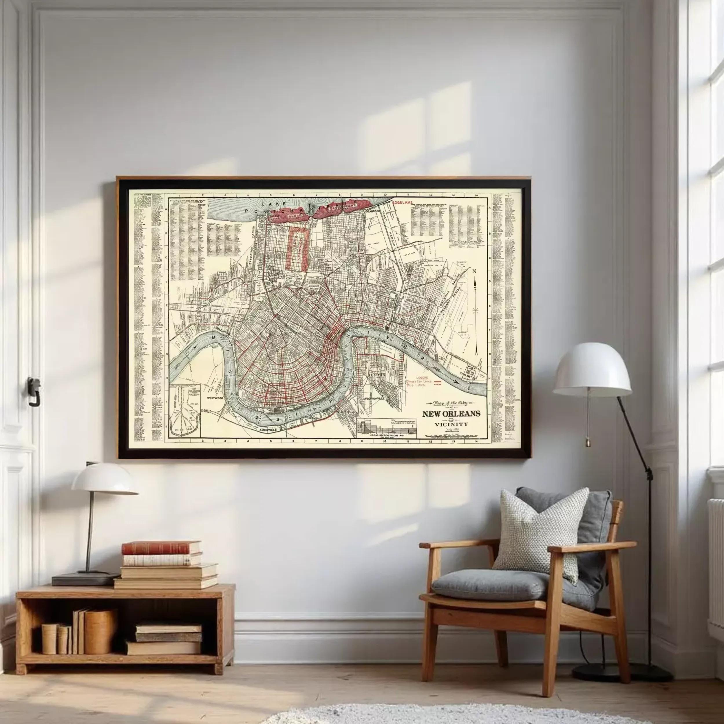 The image is a framed vintage map of New Orleans, Louisiana, depicting the city's layout and surrounding areas.