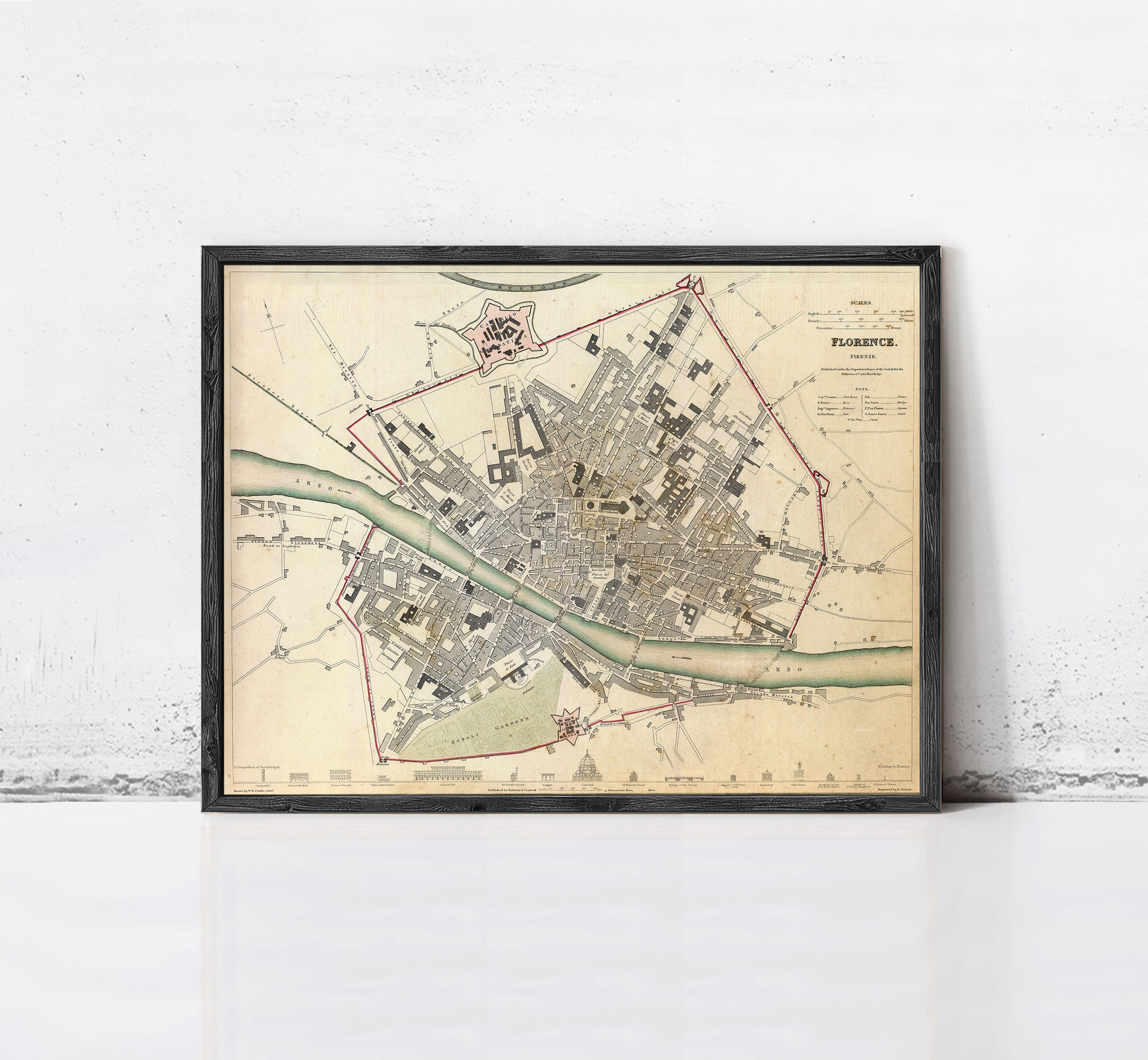 The image is a framed map of Florence, Italy, depicting the city's layout and surrounding areas.
